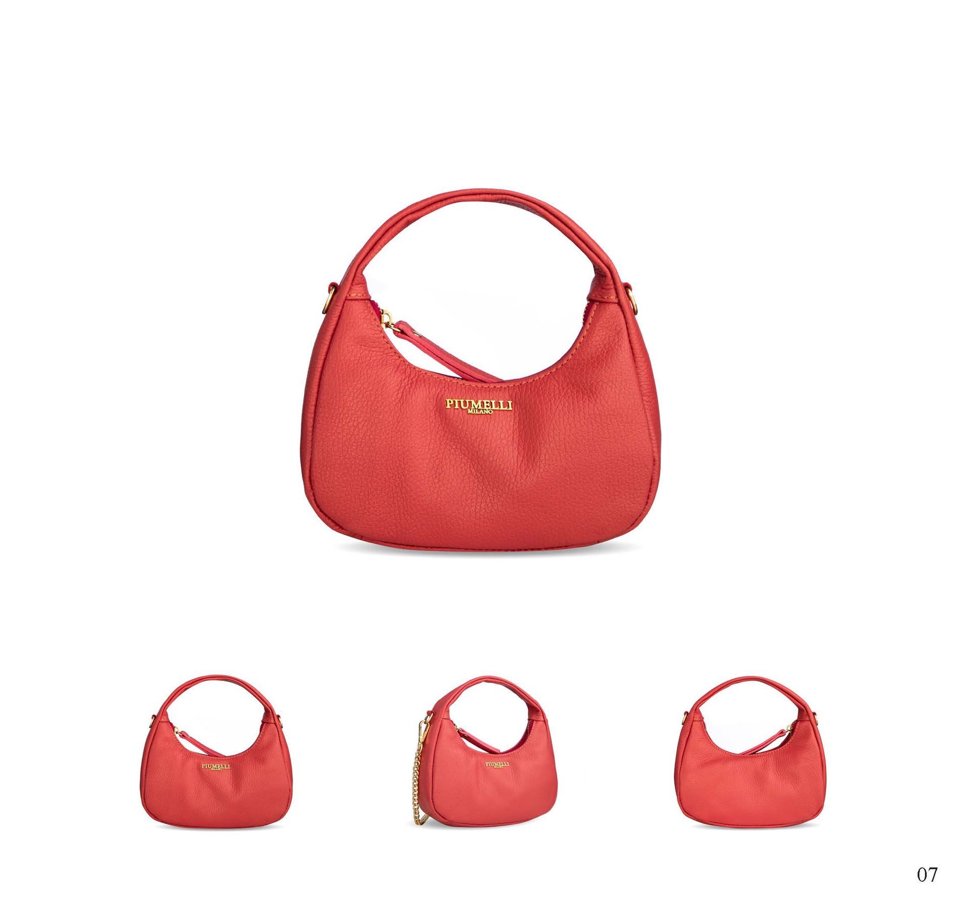 Rote Lederschultertasche, Draufsicht und drei alternative Ansichten vor weißem Hintergrund.