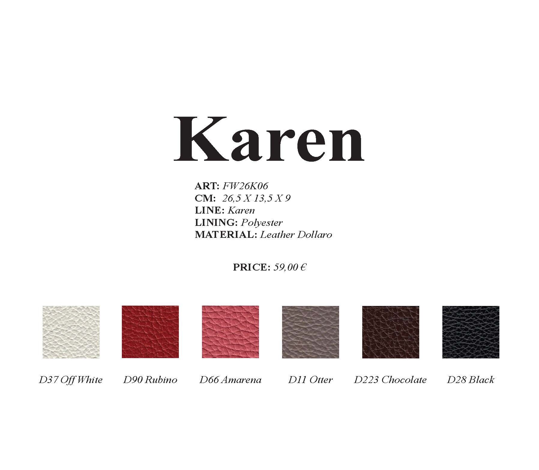 Produktmuster mit dem Namen „Karen“ und Farboptionen wie Weiß, Rot und Schwarz.