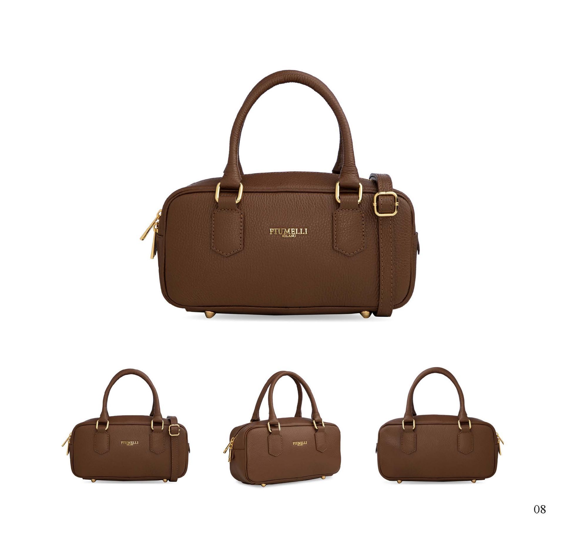 Braune Ledertasche mit Tragegriffen und Schulterriemen. Drei Ansichten der Tasche unten.