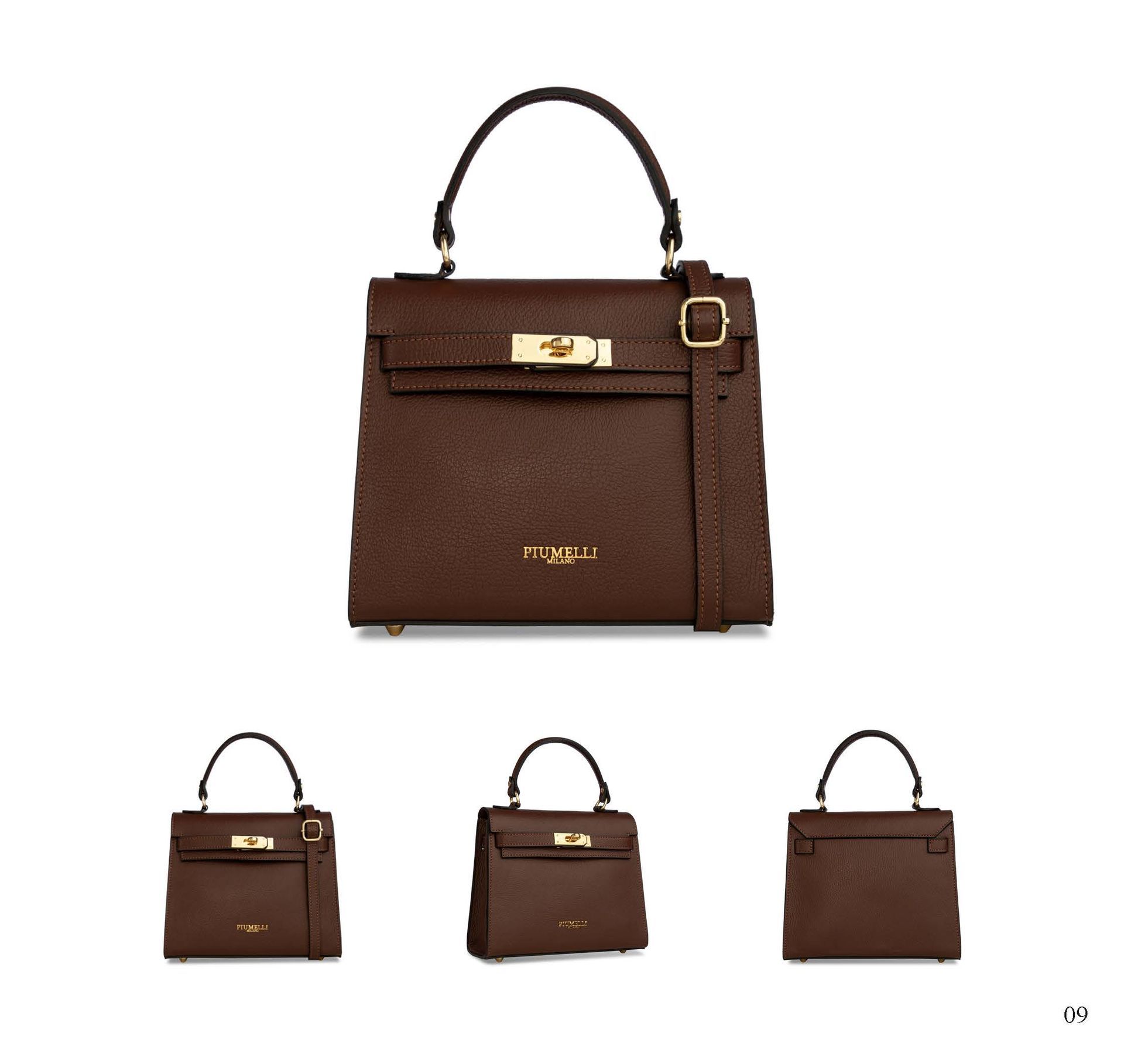 Braune Lederhandtasche mit goldfarbenen Beschlägen und Tragegriff, vier Ansichten.