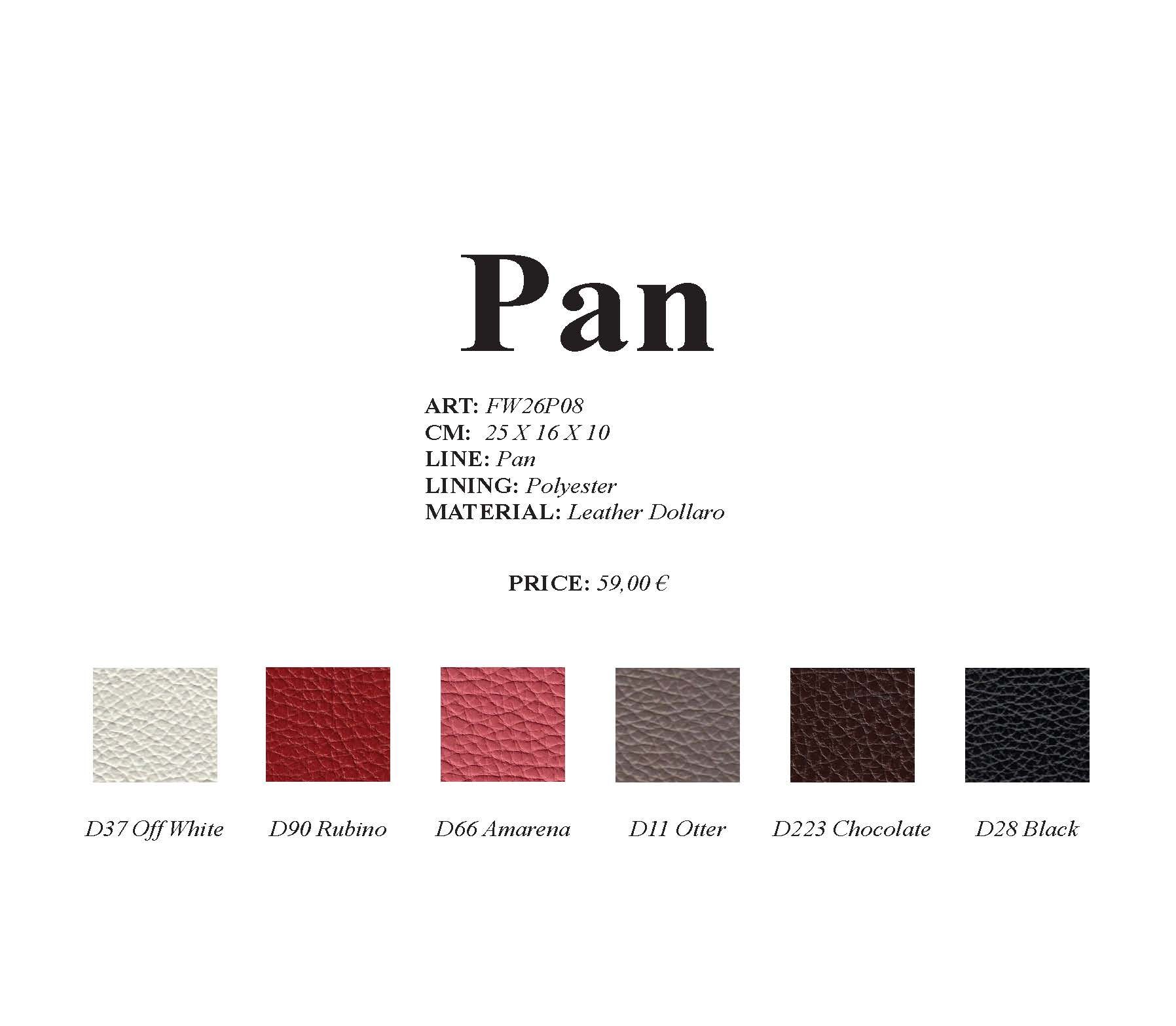 Farbmuster mit der Bezeichnung „Pan“ in Weiß, Rot, Rosa, Grau, Braun und Schwarz.