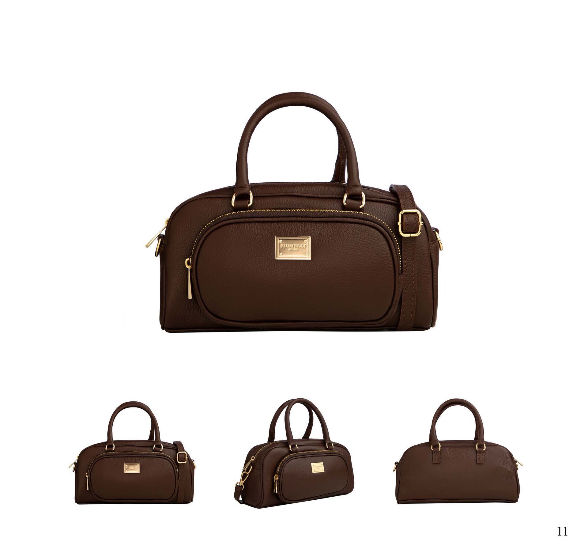 Braune Henkeltasche mit Tragegriff und Schulterriemen. Verschiedene Ansichten.