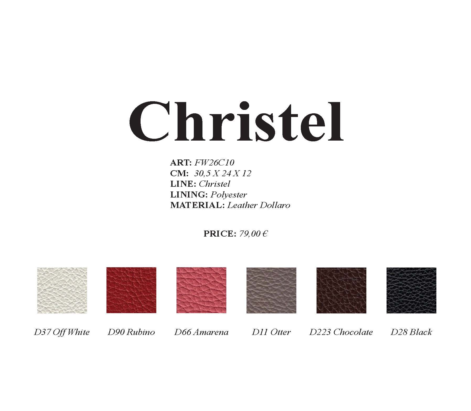 Christel-Stoffmuster in verschiedenen Farben, darunter Weiß, Rot, Rosa, Grau, Braun und Schwarz.