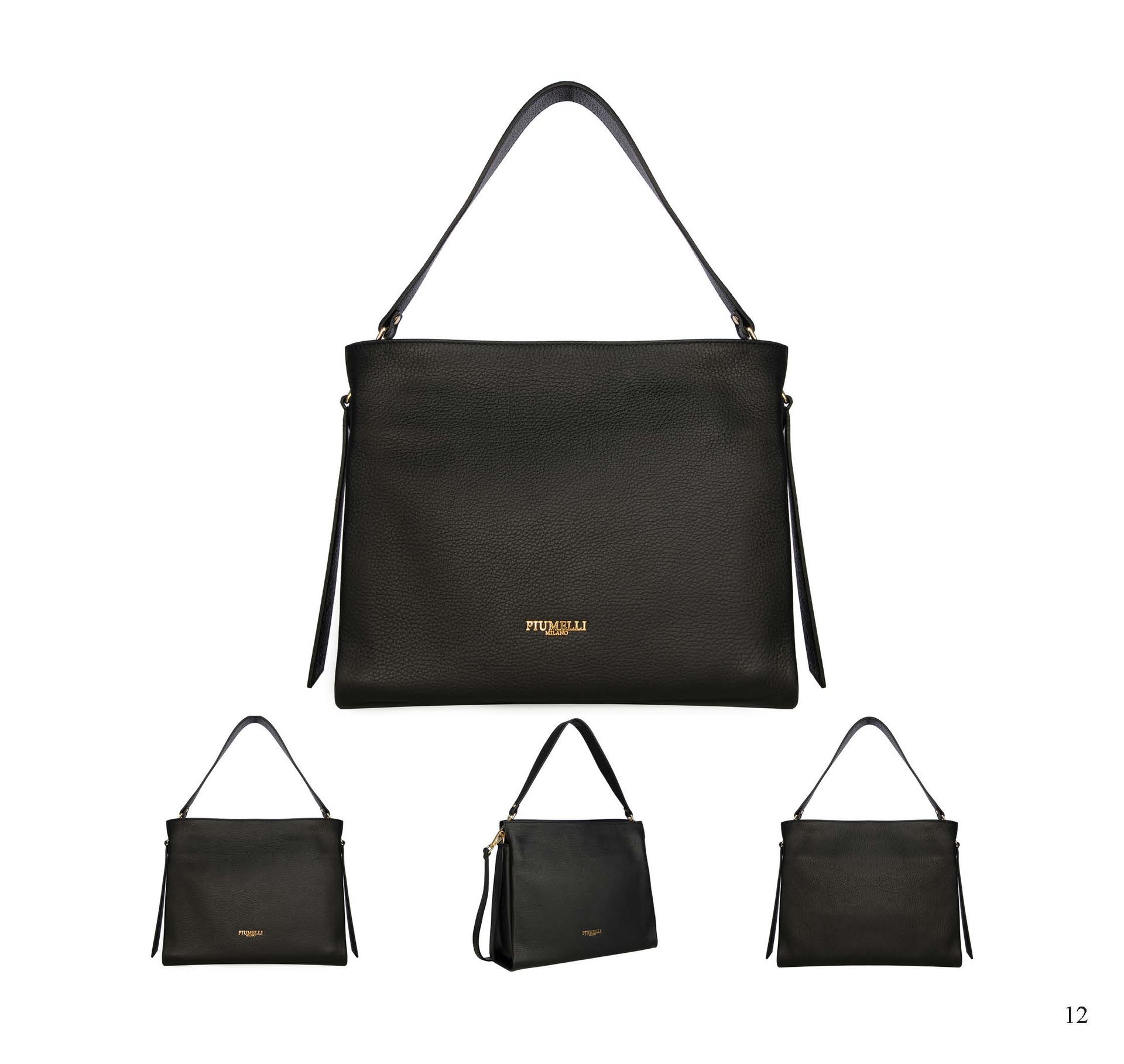 Schwarze Lederhandtasche, verschiedene Ansichten: Vorderansicht, schräge Ansicht und Seitenansicht, mit Schulterriemen.