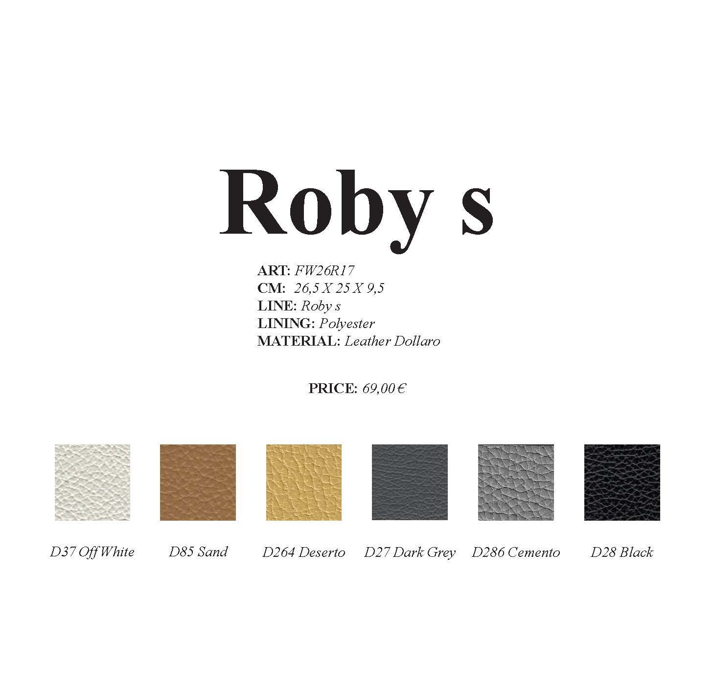 Farbmuster für das Produkt 'Roby s' mit Beispielen in Beige, Braun, Gold, Grau, Silber und Schwarz.
