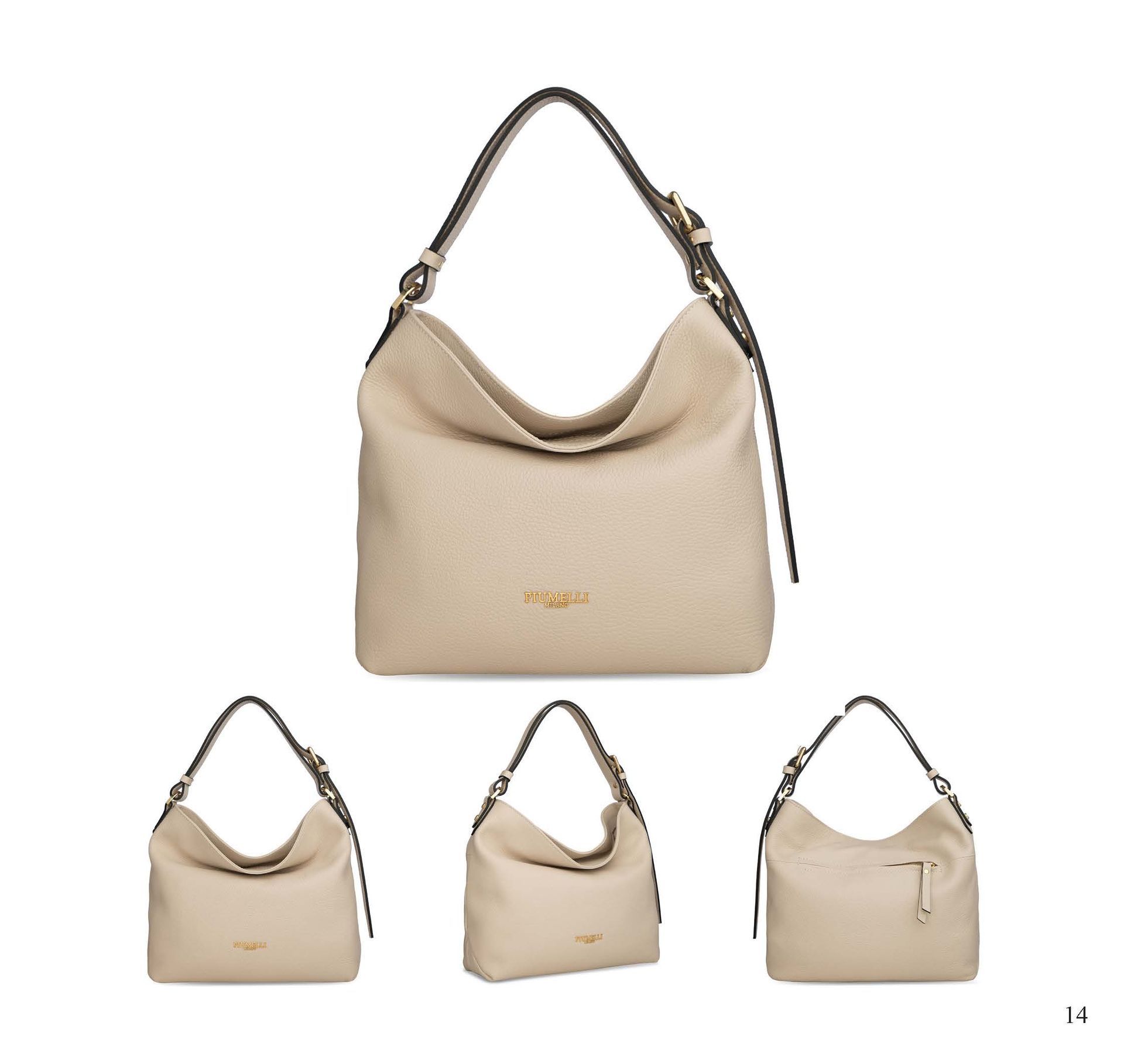 Beige Lederhandtasche mit dunkelbraunem Riemen; verschiedene Ansichten.
