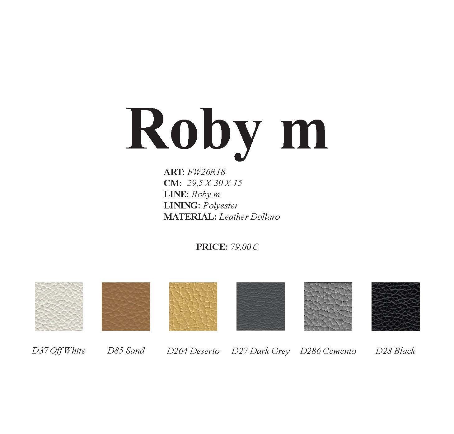 Farbmuster: Cremeweiß, Braun, Gold, Dunkelgrau, Grau, Schwarz. Text: „Robby m“ und Produktdetails.