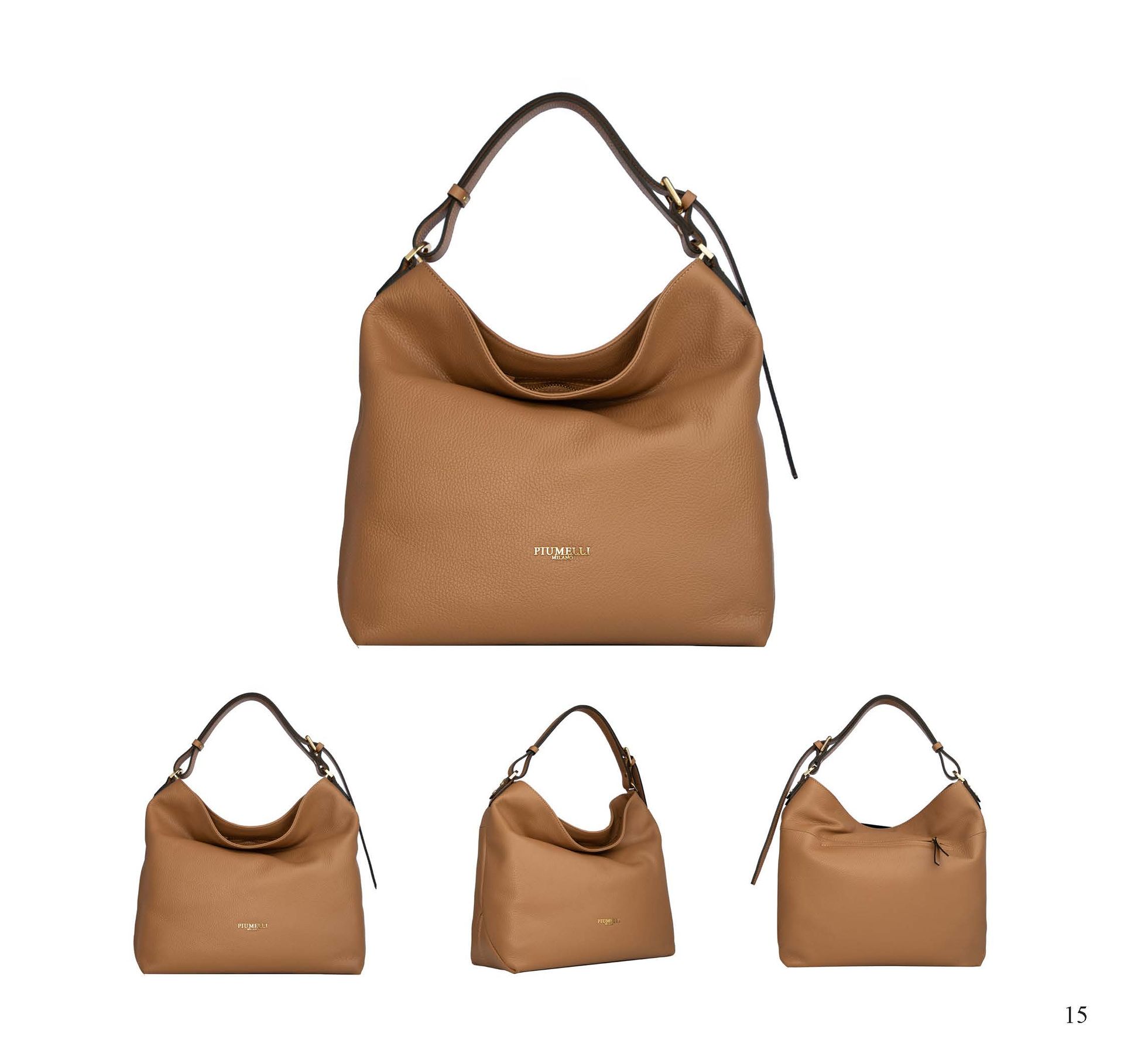 Hellbraune Hobo-Tasche aus Leder mit Tragegriff, aus verschiedenen Blickwinkeln dargestellt.