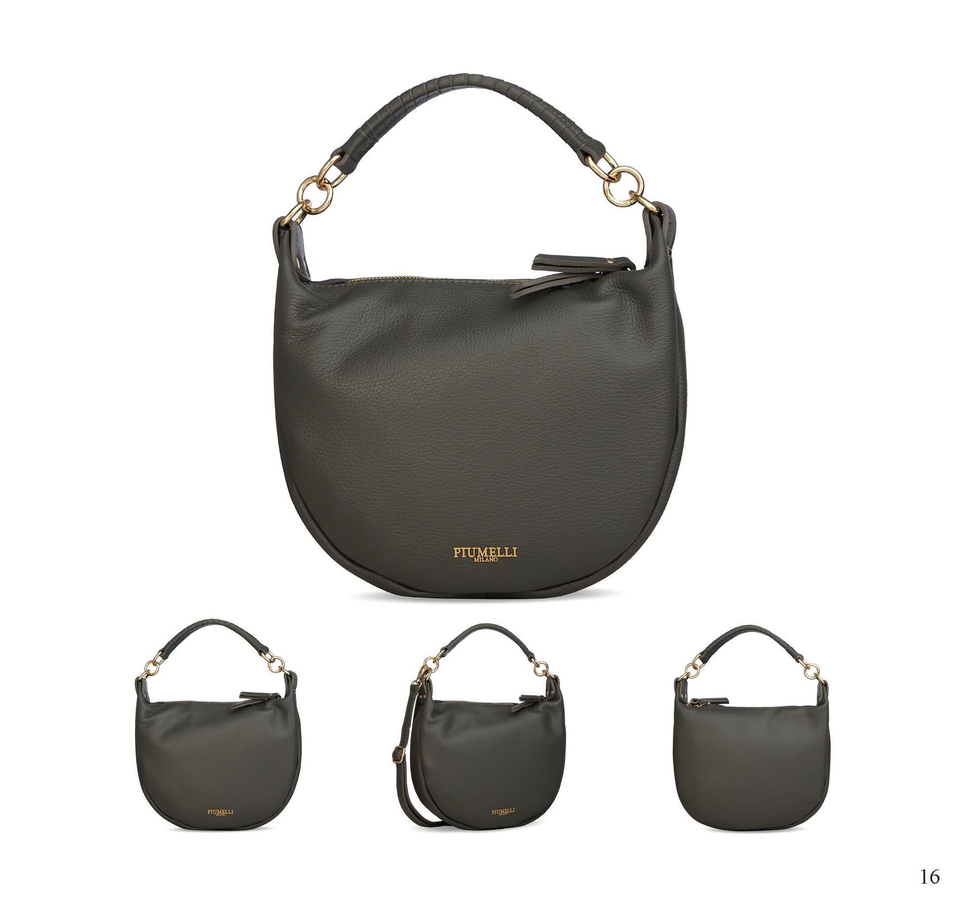 Dunkelgrüne, halbkreisförmige Handtasche mit Tragegriff und goldenen Akzenten.