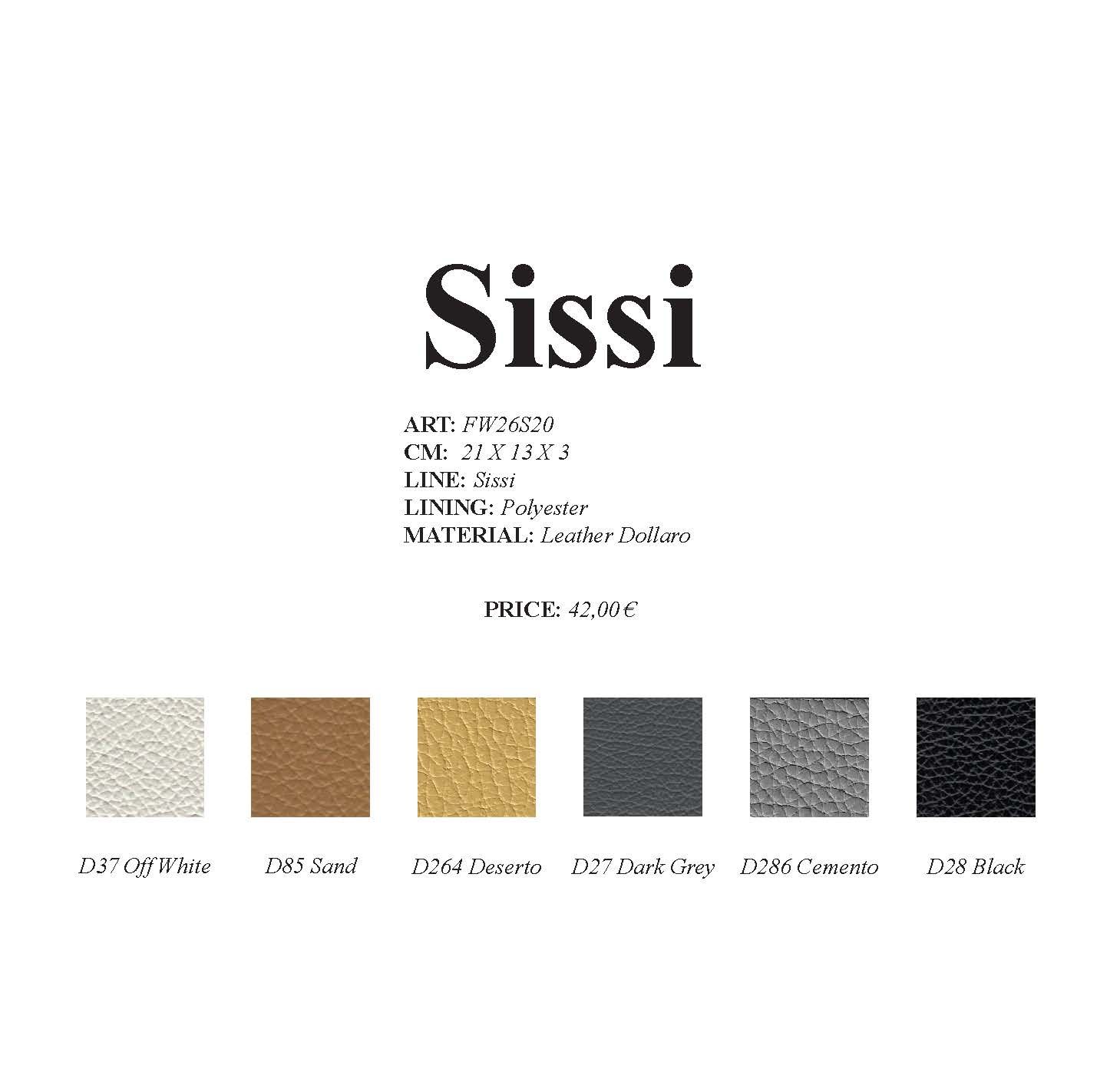 Farbmuster für das Produkt „Sissi“, darunter Creme, Braun, Gold, Anthrazit, Grau und Schwarz.
