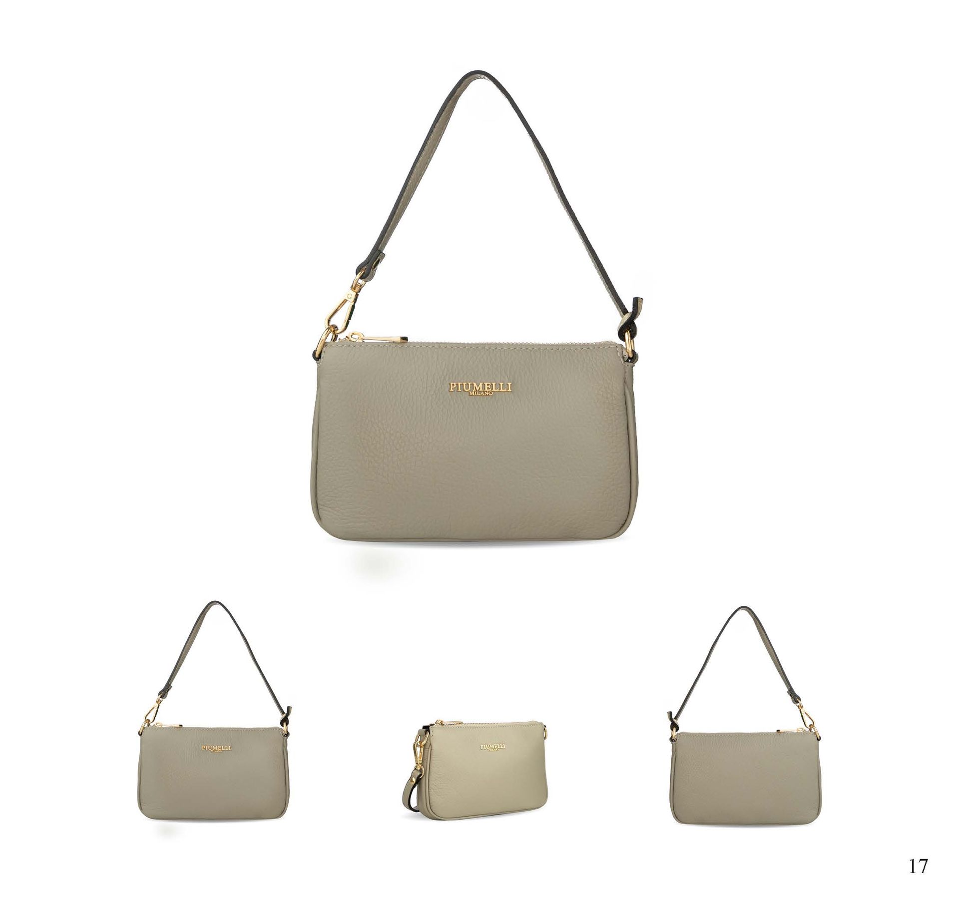 Graue Schultertasche aus Leder, mit drei kleineren Varianten darunter, vor weißem Hintergrund.