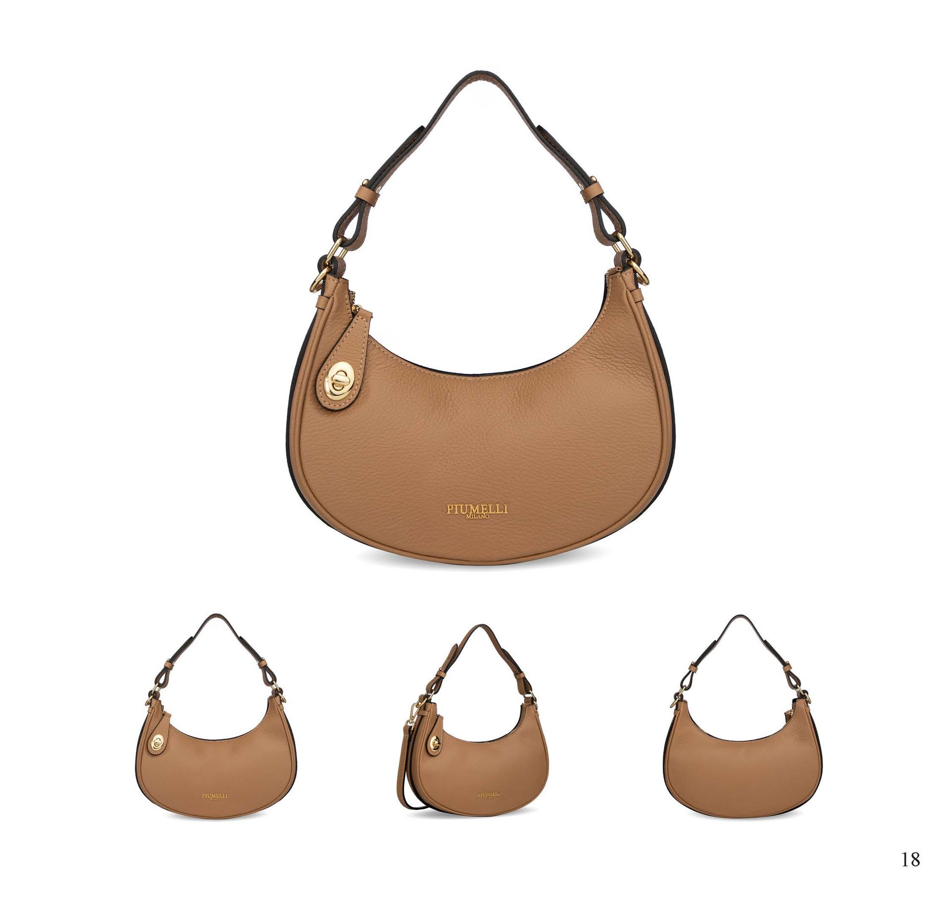 Schultertasche aus hellbraunem genarbtem Leder mit passendem Tragegriff, drei kleinere Ansichten unten.
