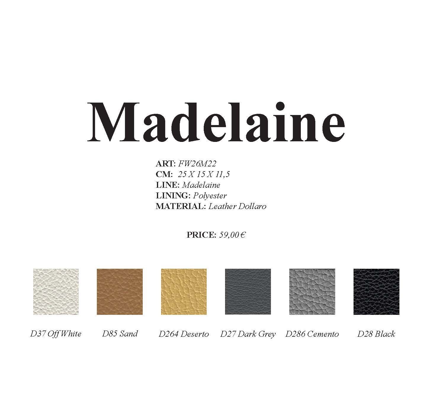Produktwerbung für „Madeleine“ mit Farbmustern: Beige, Braun, Gold, Anthrazit, Grau und Schwarz.