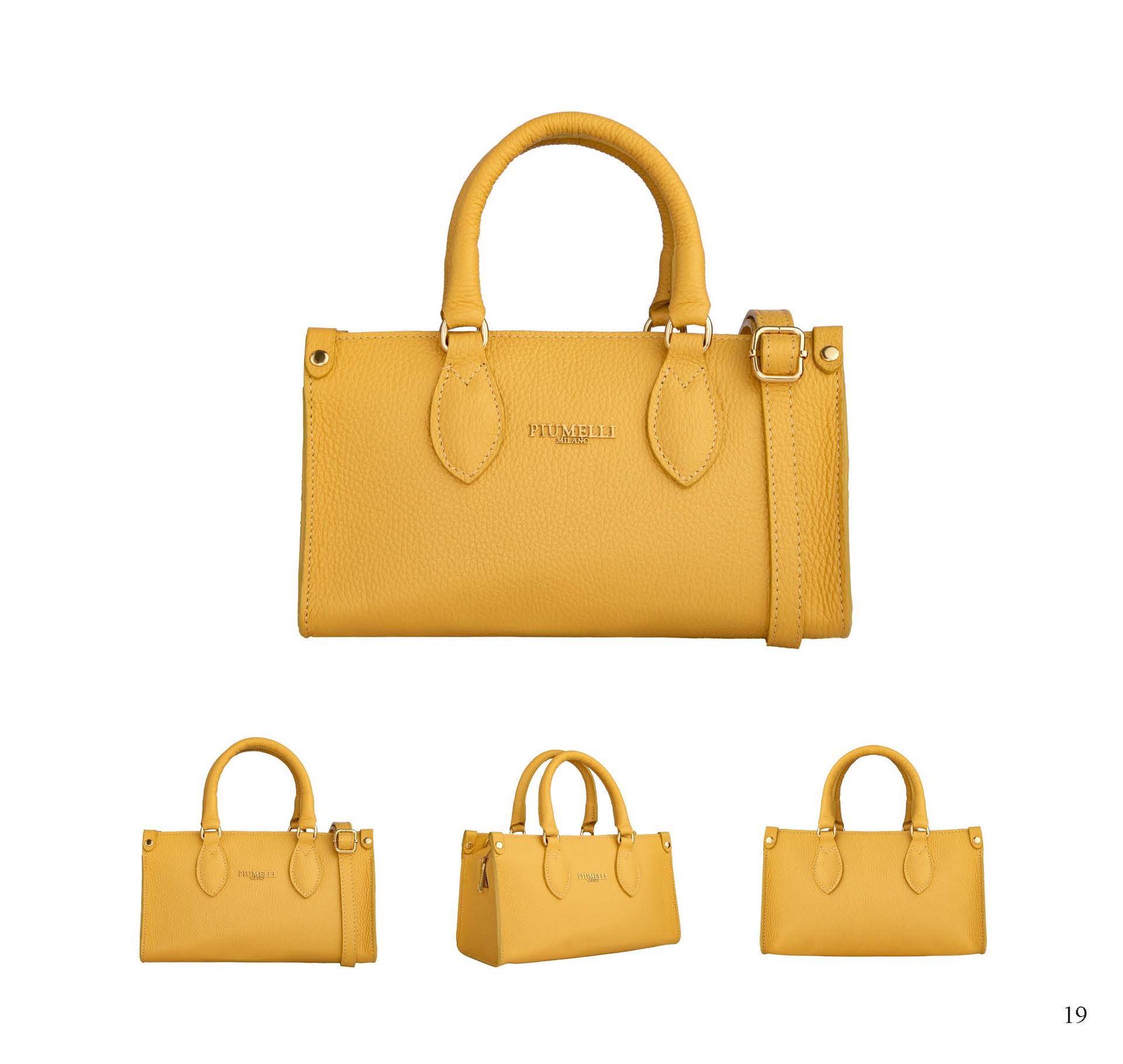 Gelbe Handtasche mit Tragegriff und optionalem Schulterriemen, drei Ansichten.