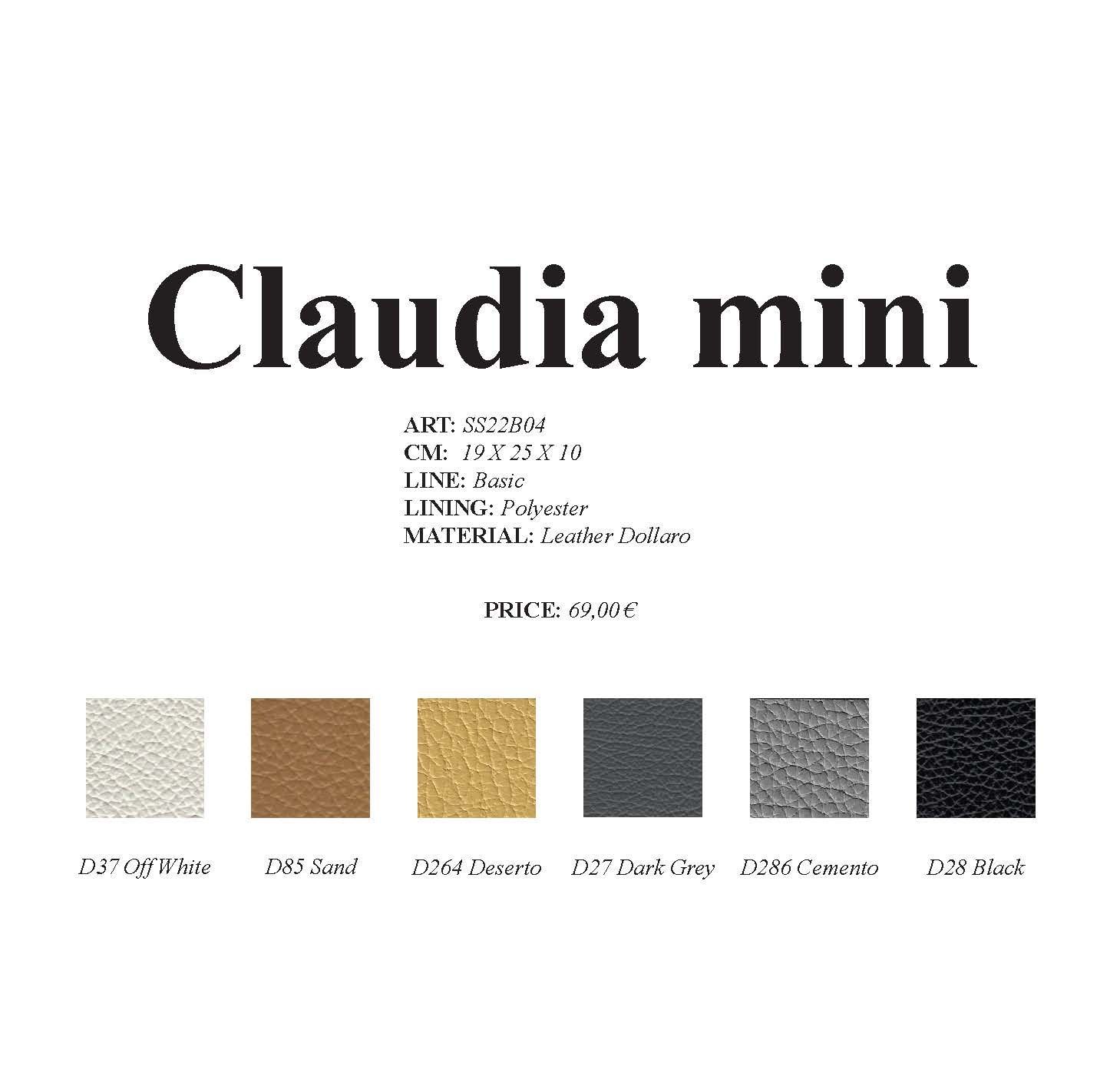 Claudia Mini-Produktliste mit Farbmustern: Cremeweiß, Braun, Gold, Anthrazit, Grau und Schwarz.
