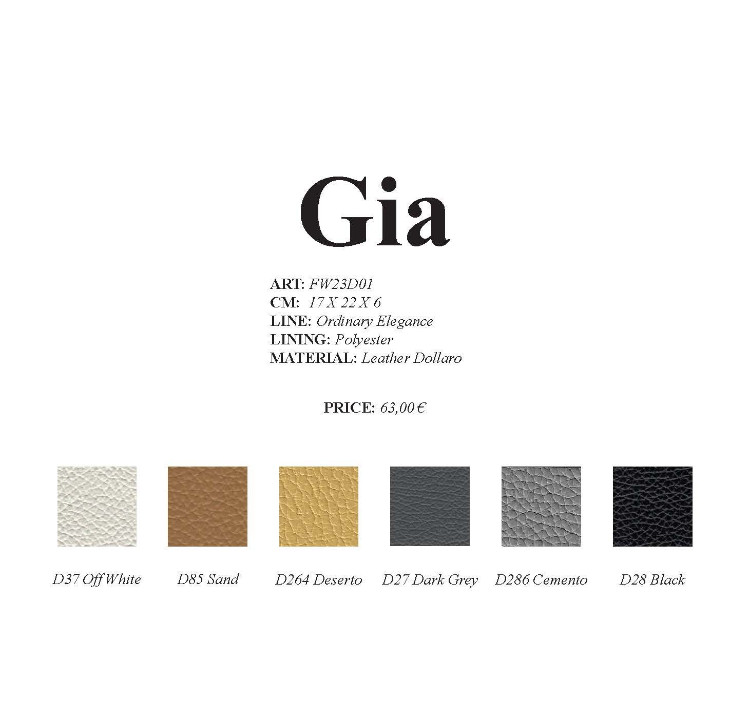 Gia-Produktmuster mit sechs Farbmustern: Off-White, Tan, Gold, Dark Gray, Gray und Black.