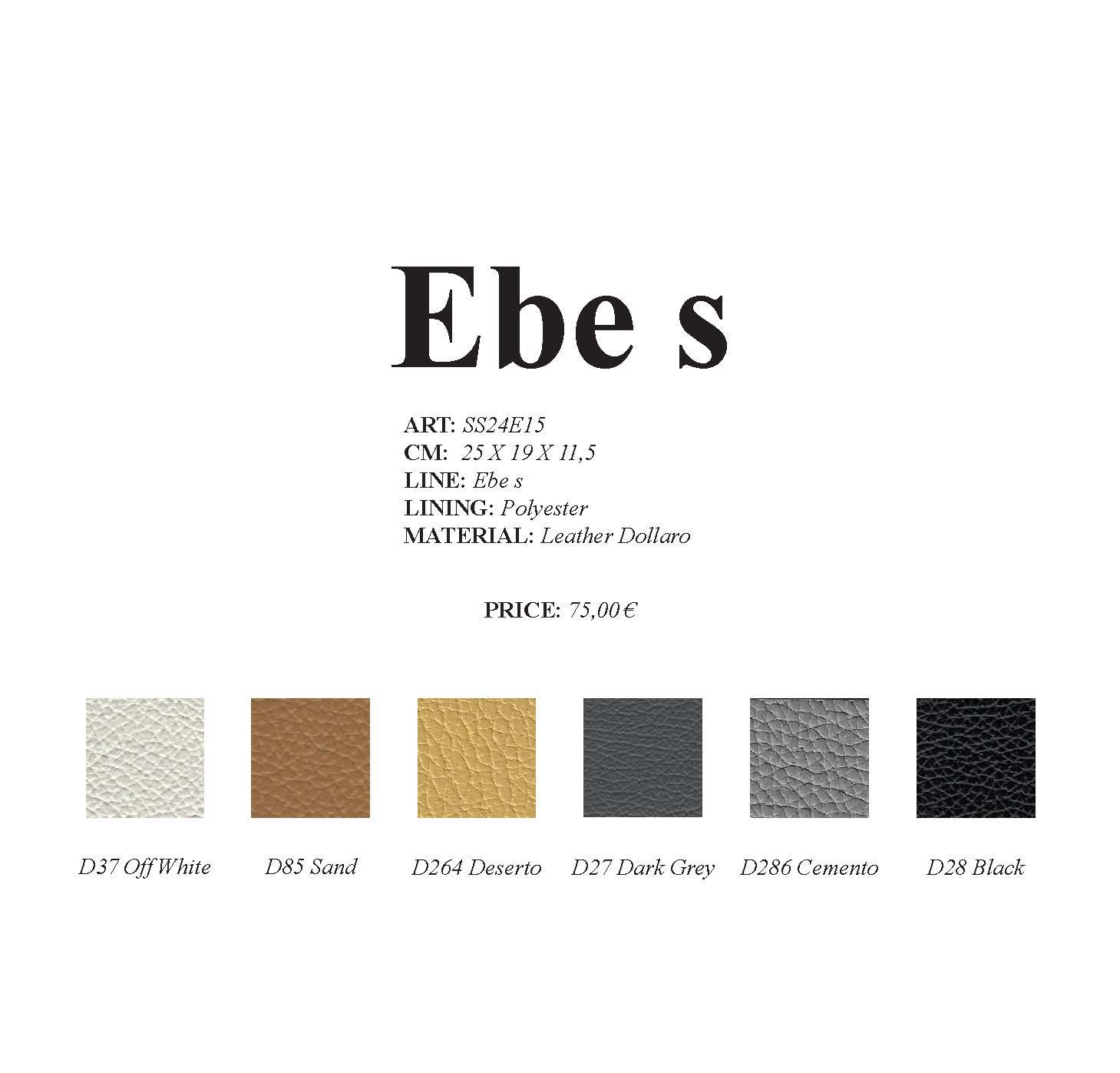 Farbmuster für die Tasche „Ebe s“ mit Textdetails und Preisangabe.