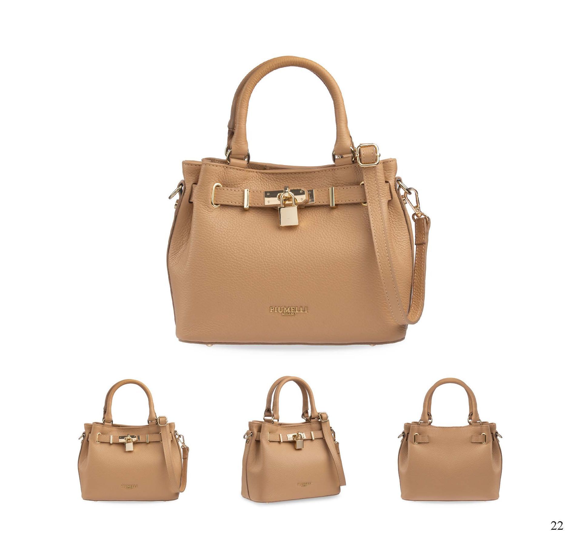 Handtasche aus hellbraunem Leder mit Tragegriff, Verschluss und Schulterriemen; drei kleinere Ansichten unten.