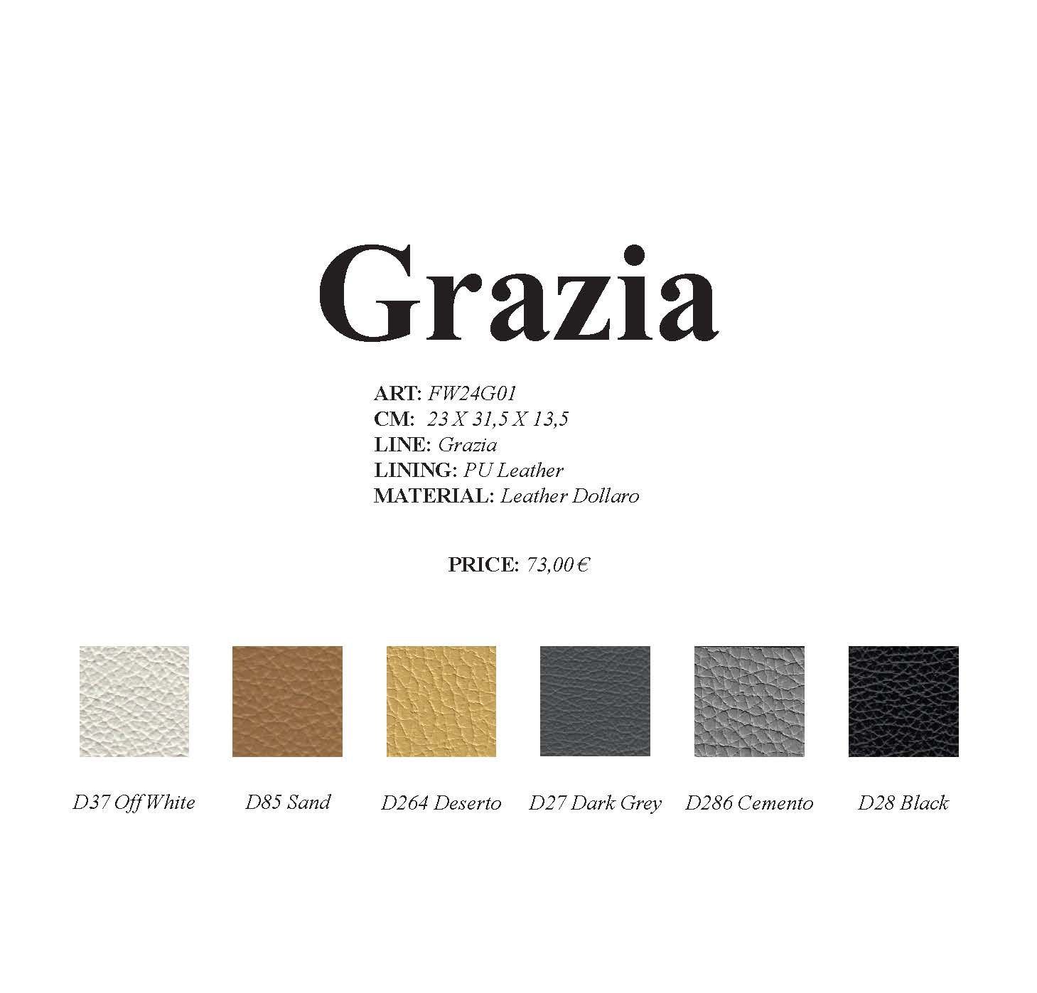 „Grazia-Produktliste: Farben: Weiß, Braun, Gold, Anthrazit, Grau und Schwarz.“