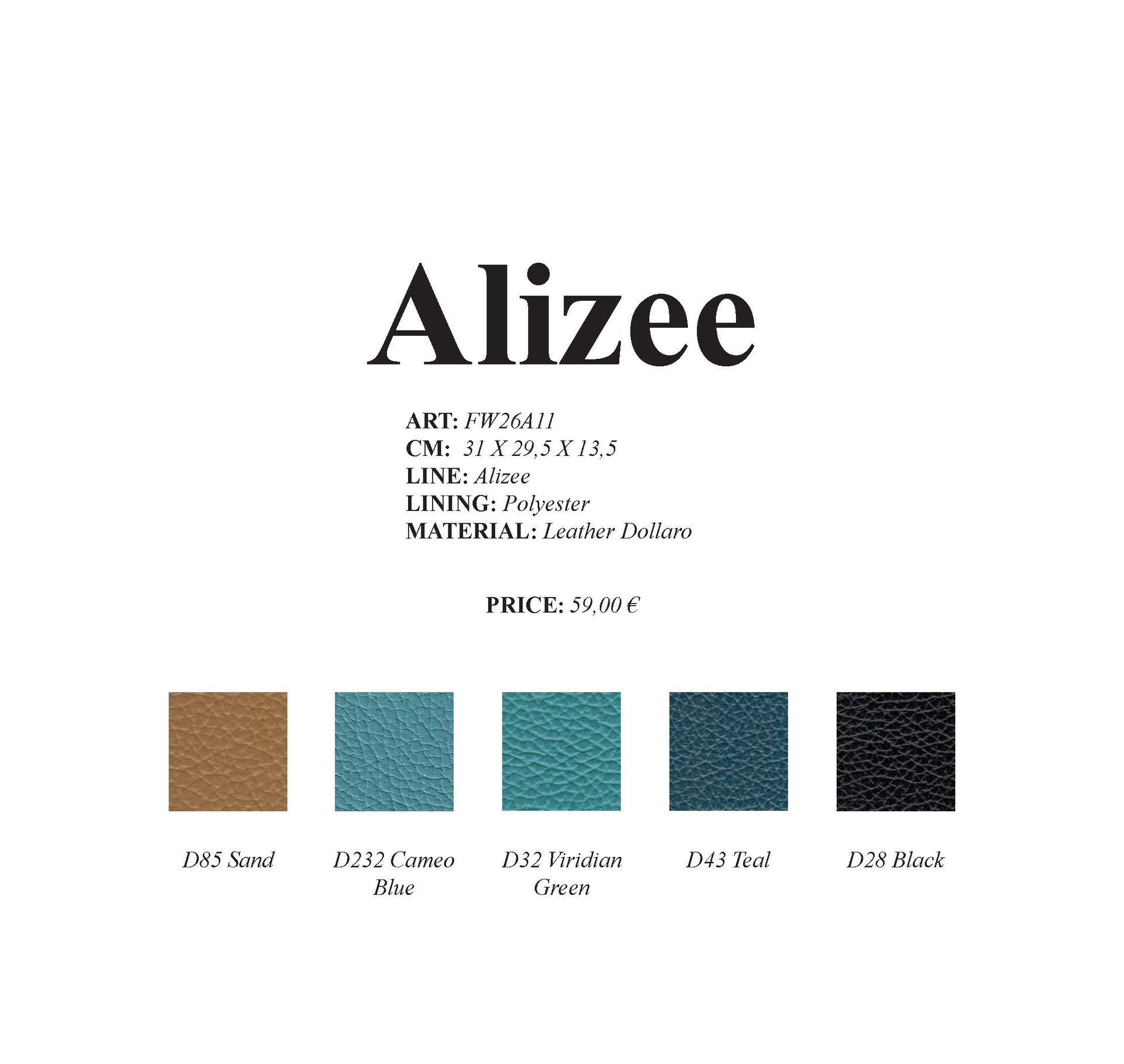 Produktinformationen zur Alizee-Handtasche mit Farbmustern: Beige, Blau, Türkis, Marineblau, Schwarz.