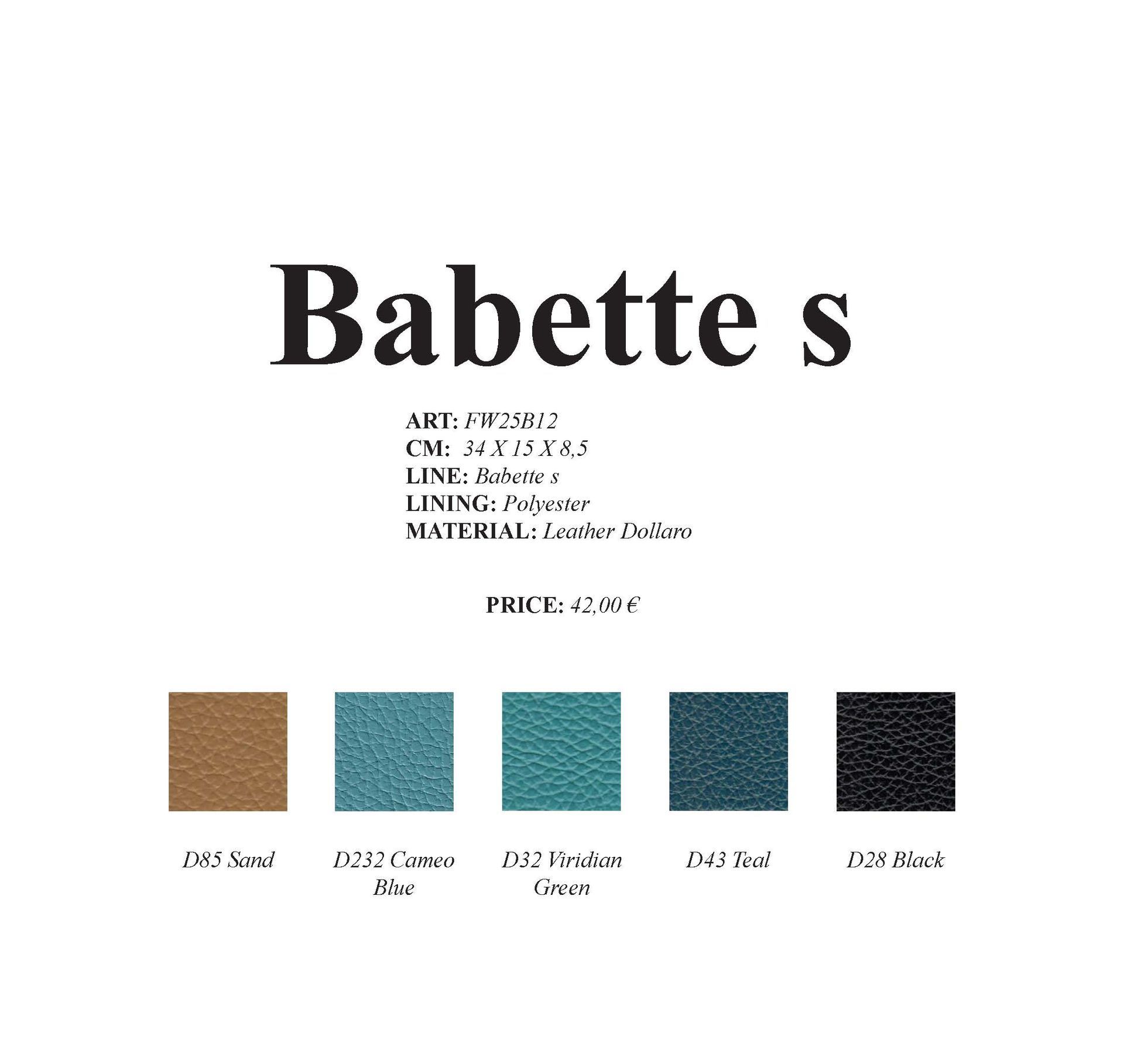 Produktanzeige für Babettes Handtasche mit Farbmustern: Braun, Blau, Grün, Türkis und Schwarz.