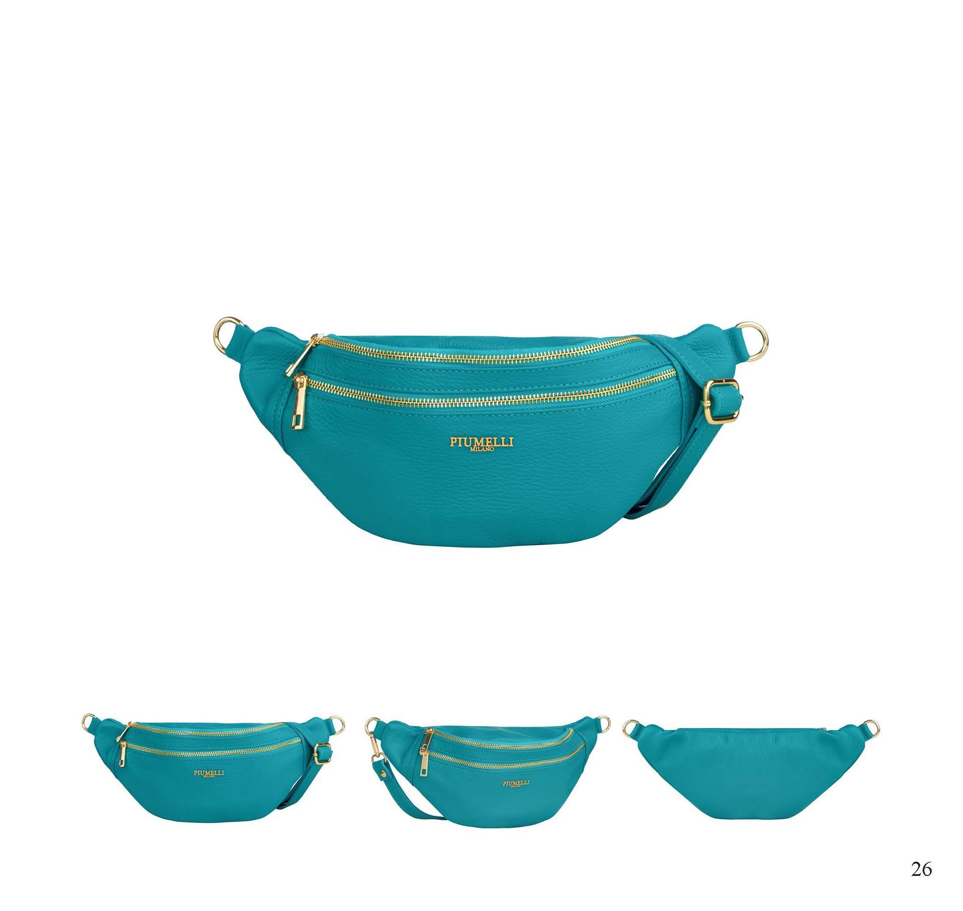 Türkisfarbene Bauchtasche mit goldenen Reißverschlüssen und Beschlägen, aus verschiedenen Blickwinkeln gezeigt.