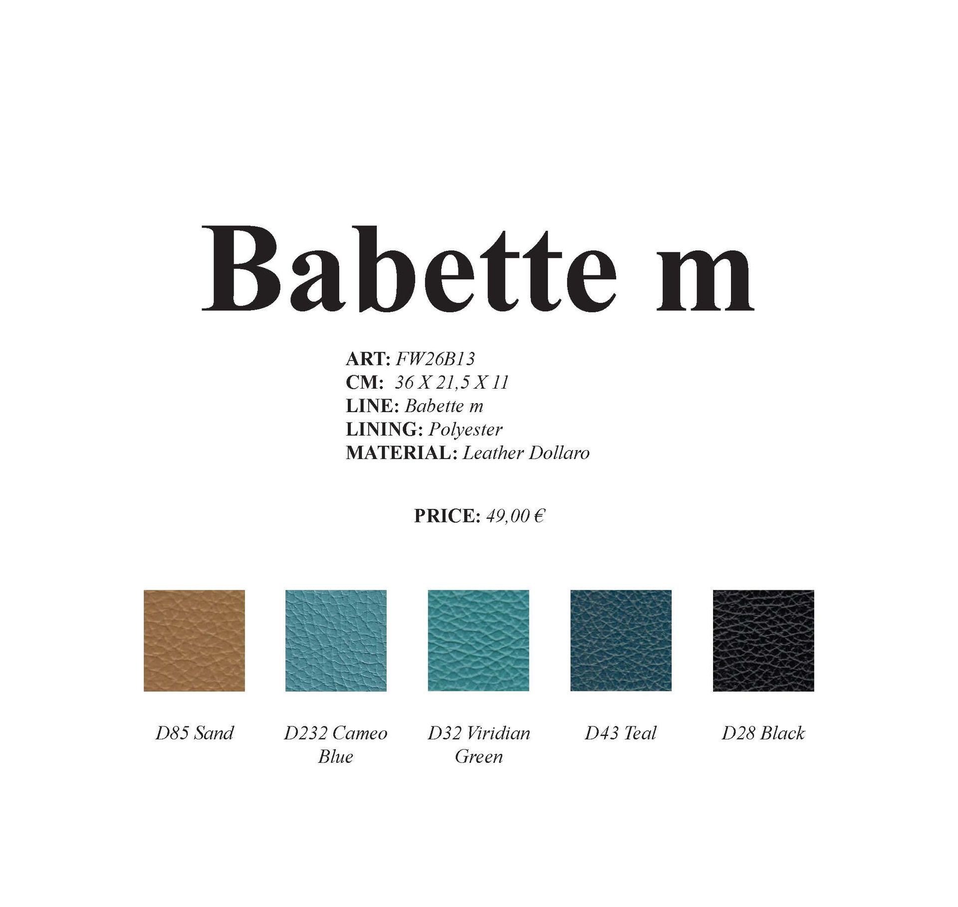 Babette m Produktinformationen mit Farbmustern: Beige, Türkis, Grün, Marineblau und Schwarz.