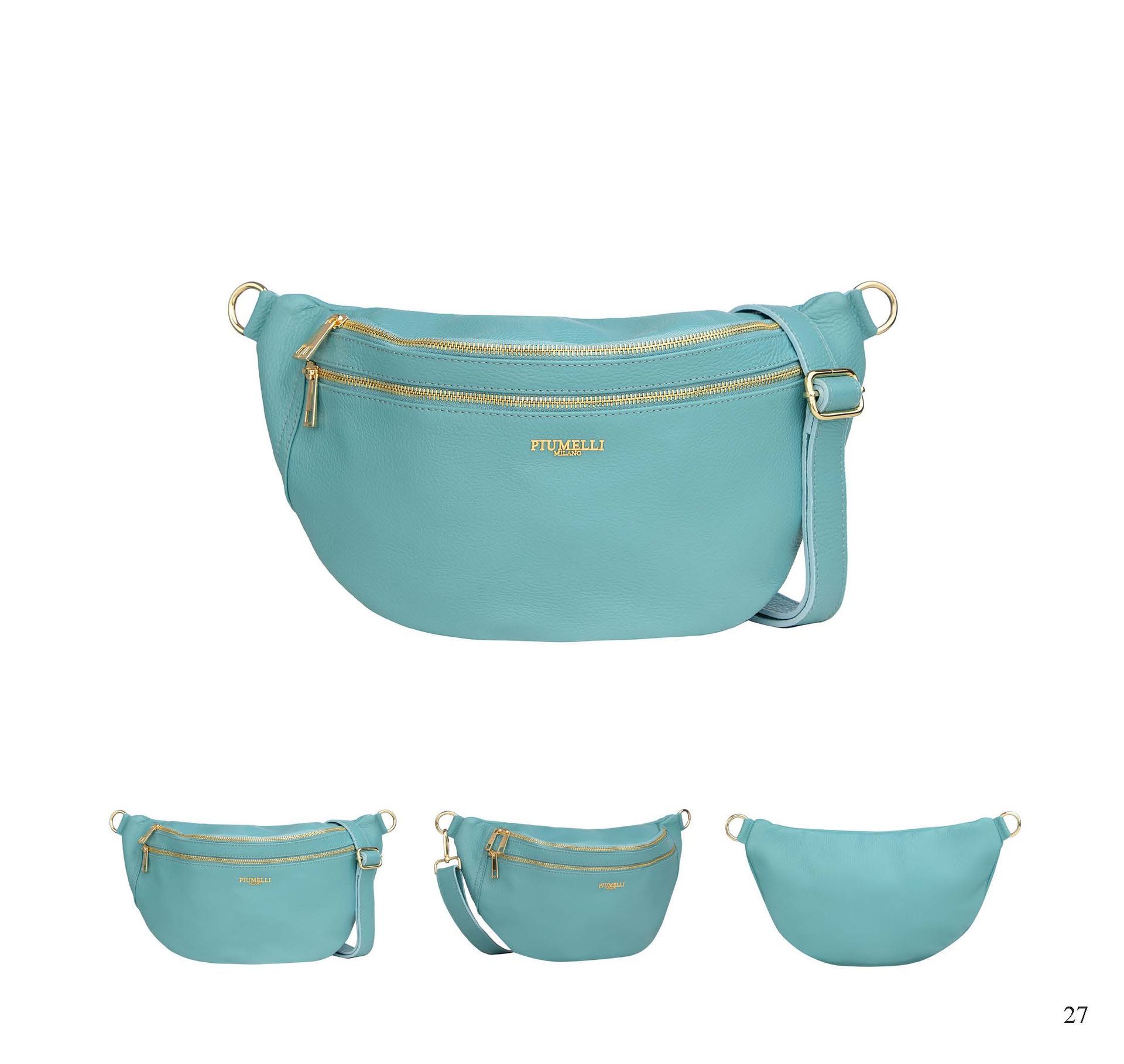 Türkisfarbene Leder-Bauchtasche mit goldenen Reißverschlüssen und Riemen. Drei kleinere Ansichten unten.