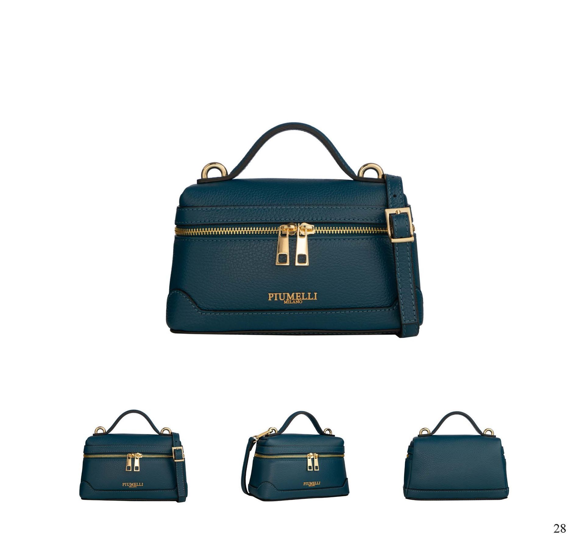 Türkisfarbene Handtasche mit goldenen Akzenten und verschiedenen Ansichten.