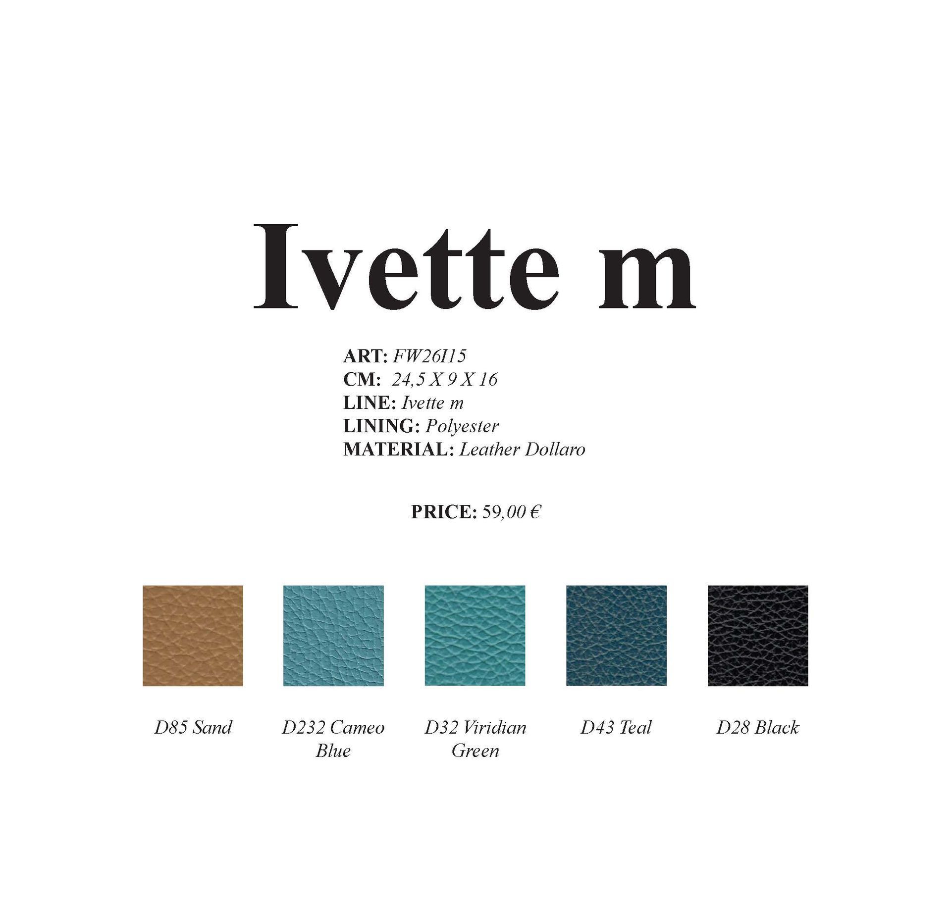 Farbmuster für Ivette m Produkte: Camel, Türkis, Grün, Blau und Schwarz.