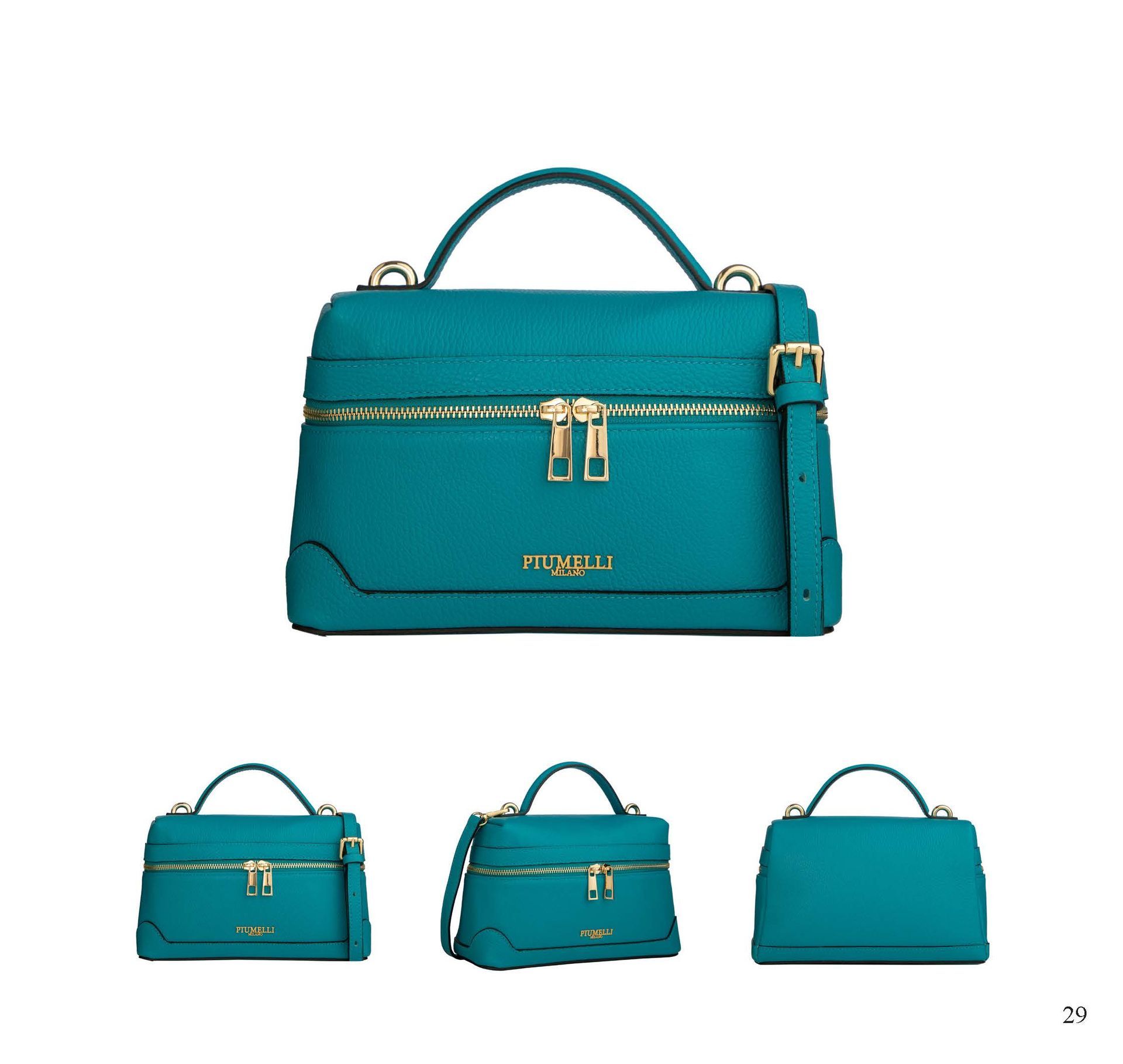 Türkisfarbene Handtasche mit goldfarbenen Reißverschlüssen und Beschlägen, Ansicht von oben und drei Ansichten von unten.