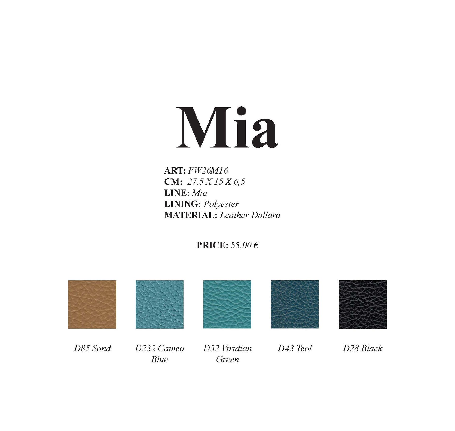 Die Handtasche Mia ist in folgenden Farben erhältlich: Camel, Petrol, Türkis, Dunkelpetrol und Schwarz.