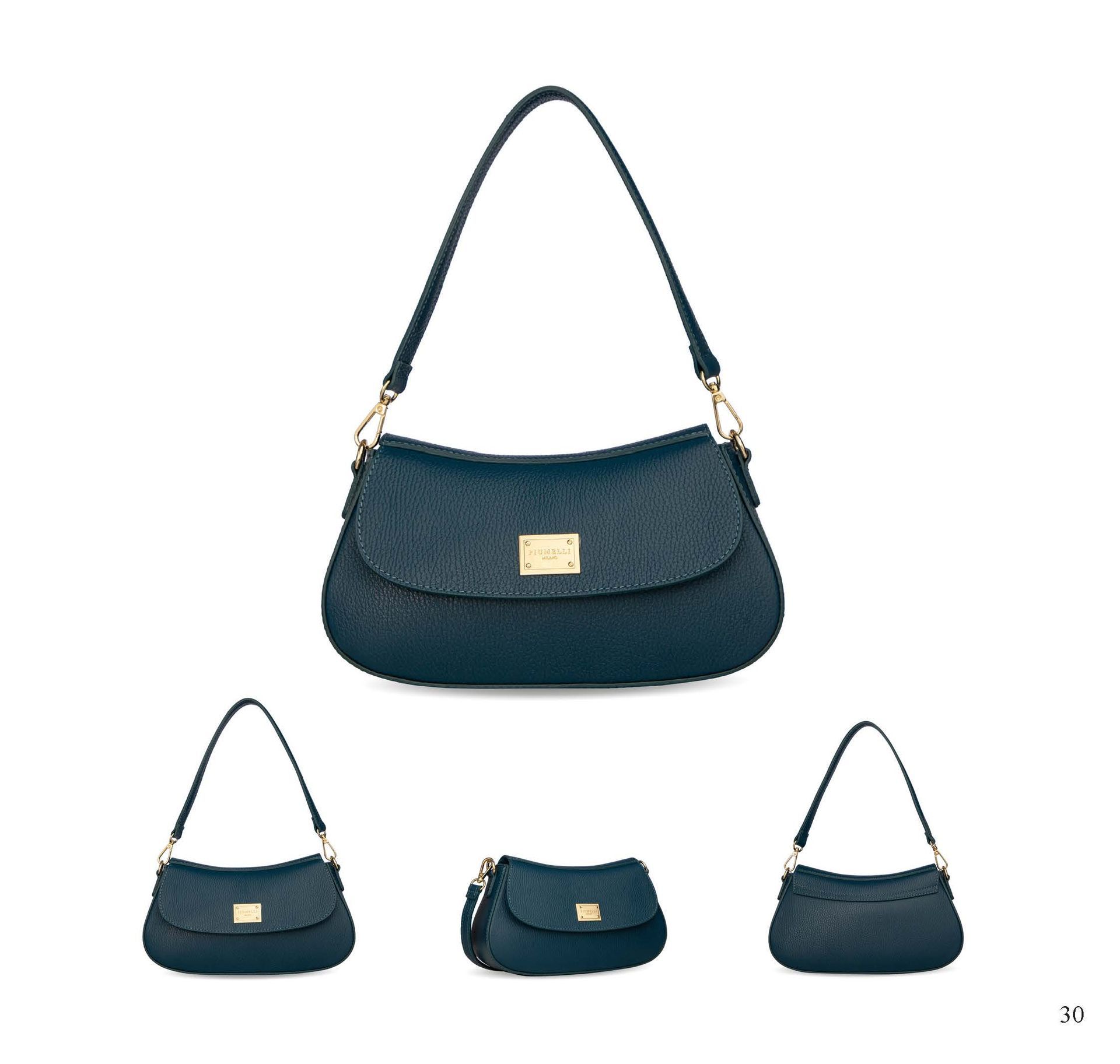 Blaue Handtasche mit kurzem Riemen und goldfarbenen Beschlägen, aus verschiedenen Blickwinkeln dargestellt.