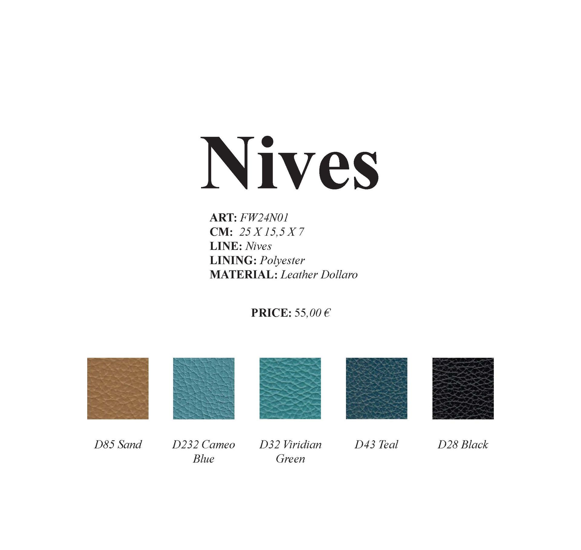 Produktinformationen zur Tasche „Nives“, inklusive Farbmuster: Beige, Blau, Türkis, Dunkeltürkis und Schwarz.