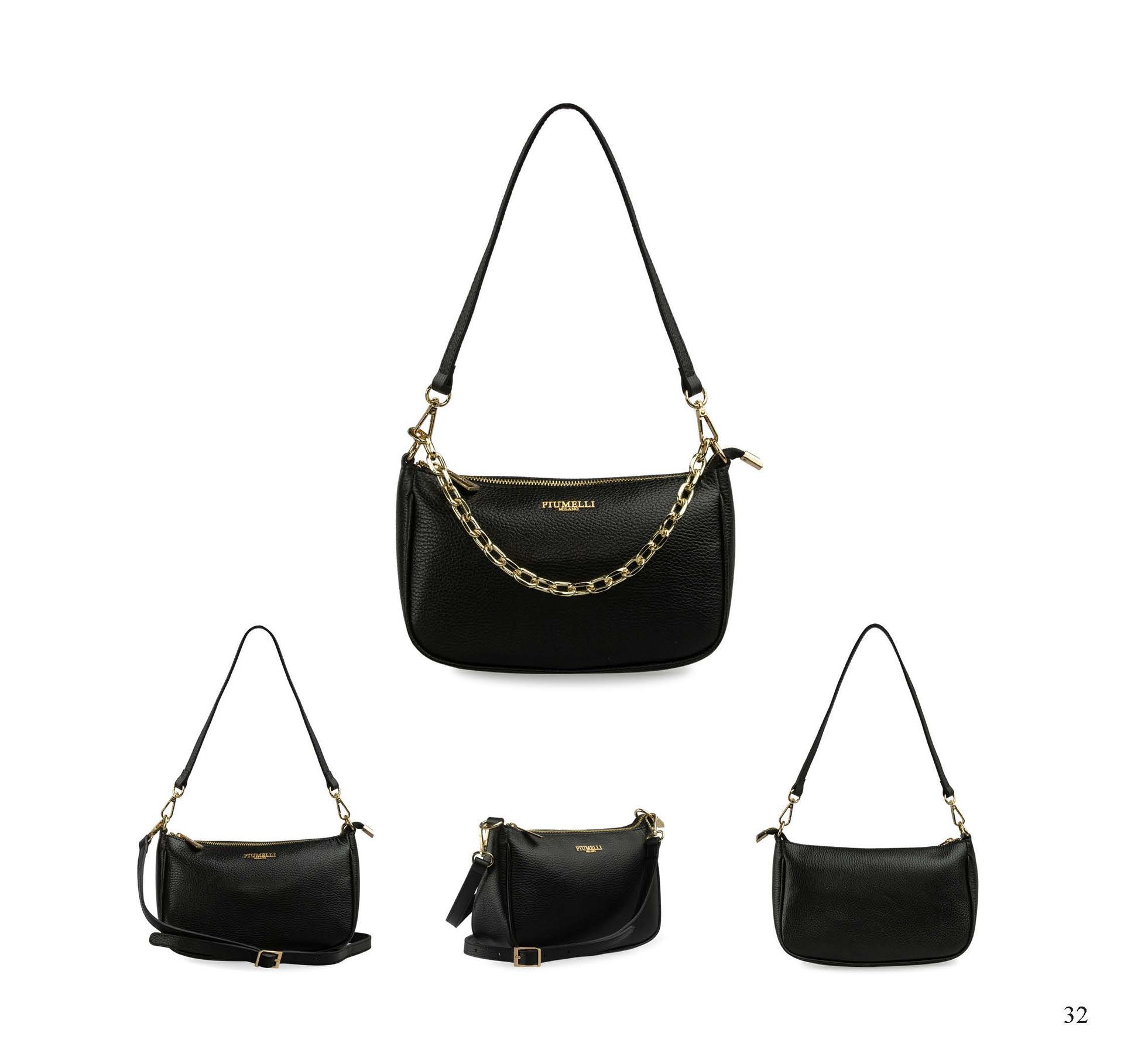 Schwarze Handtasche mit goldener Kette und Riemen, in verschiedenen Ansichten dargestellt.