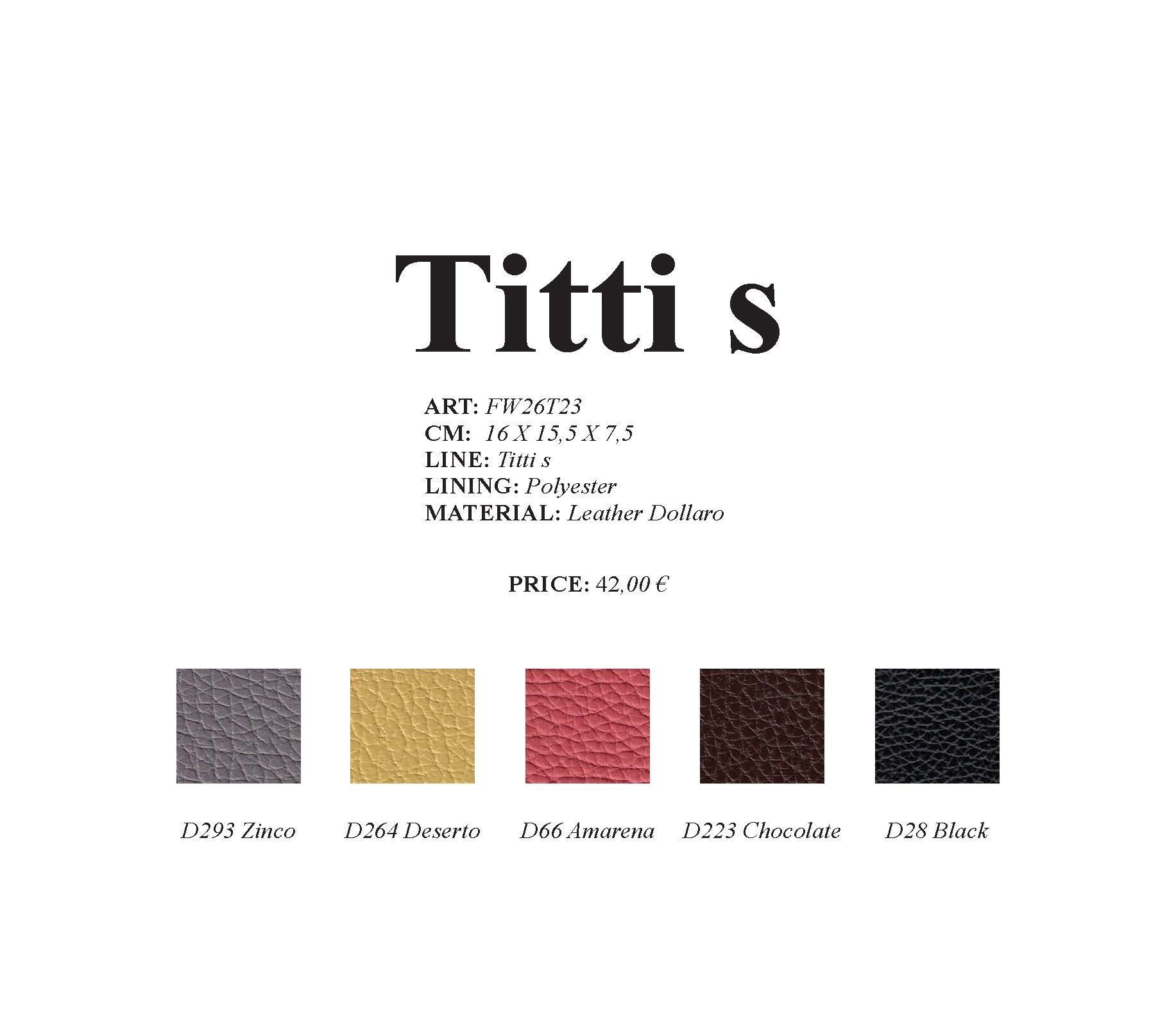 Produktinformationen zur Tasche „Titti s“. Enthält Textdetails und Farbmuster: Grau, Gold, Rot, Braun, Schwarz.