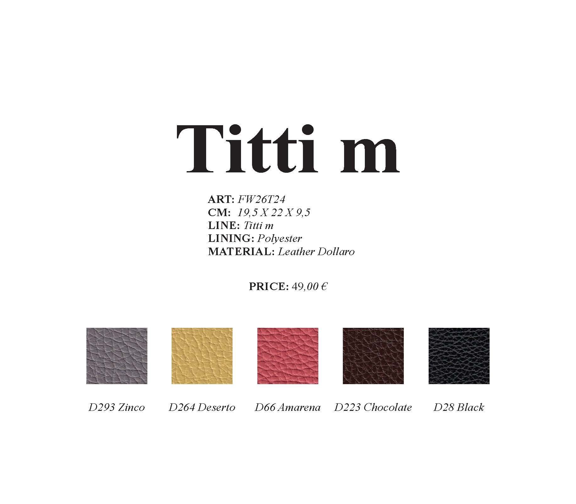 Produktinformationen zur Handtasche „Titti m“ mit Farbmustern in Grau, Gold, Rosa, Braun und Schwarz.