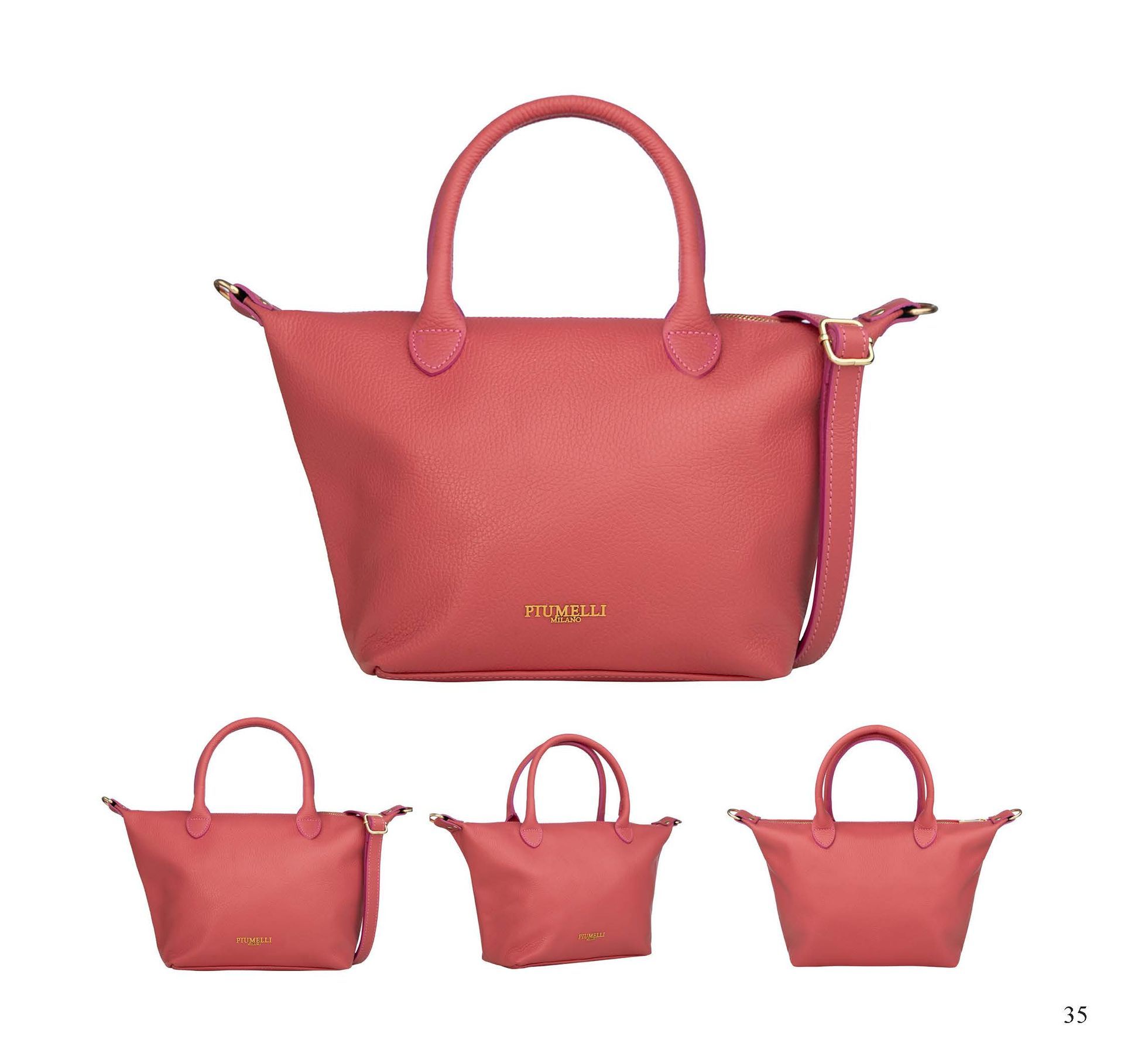 Pinkfarbene Lederhandtasche mit Tragegriffen und Schulterriemen, darunter drei kleinere Taschen.