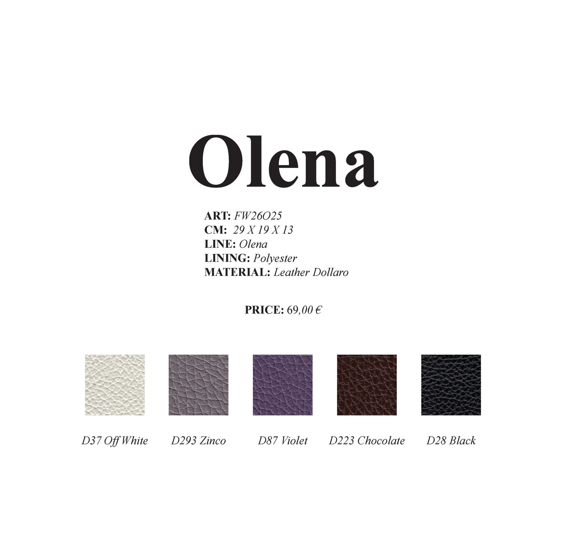 Farbmuster und Produktinformationen für die Möbelserie „Olena“: Weiß, Grau, Lila, Braun und Schwarz.