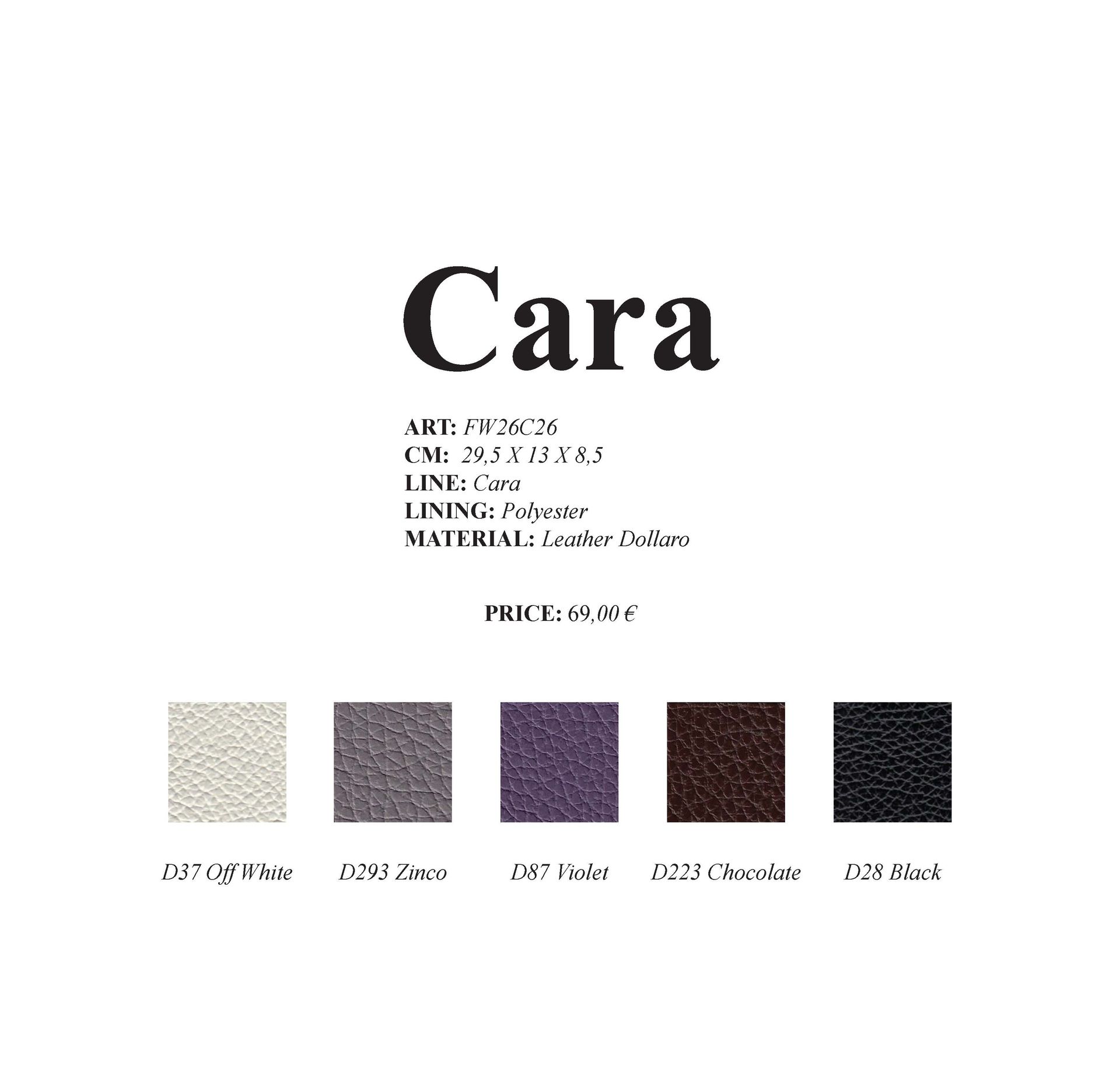Cara-Produktmuster mit Farbkarten: Weiß, Grau, Lila, Braun und Schwarz.