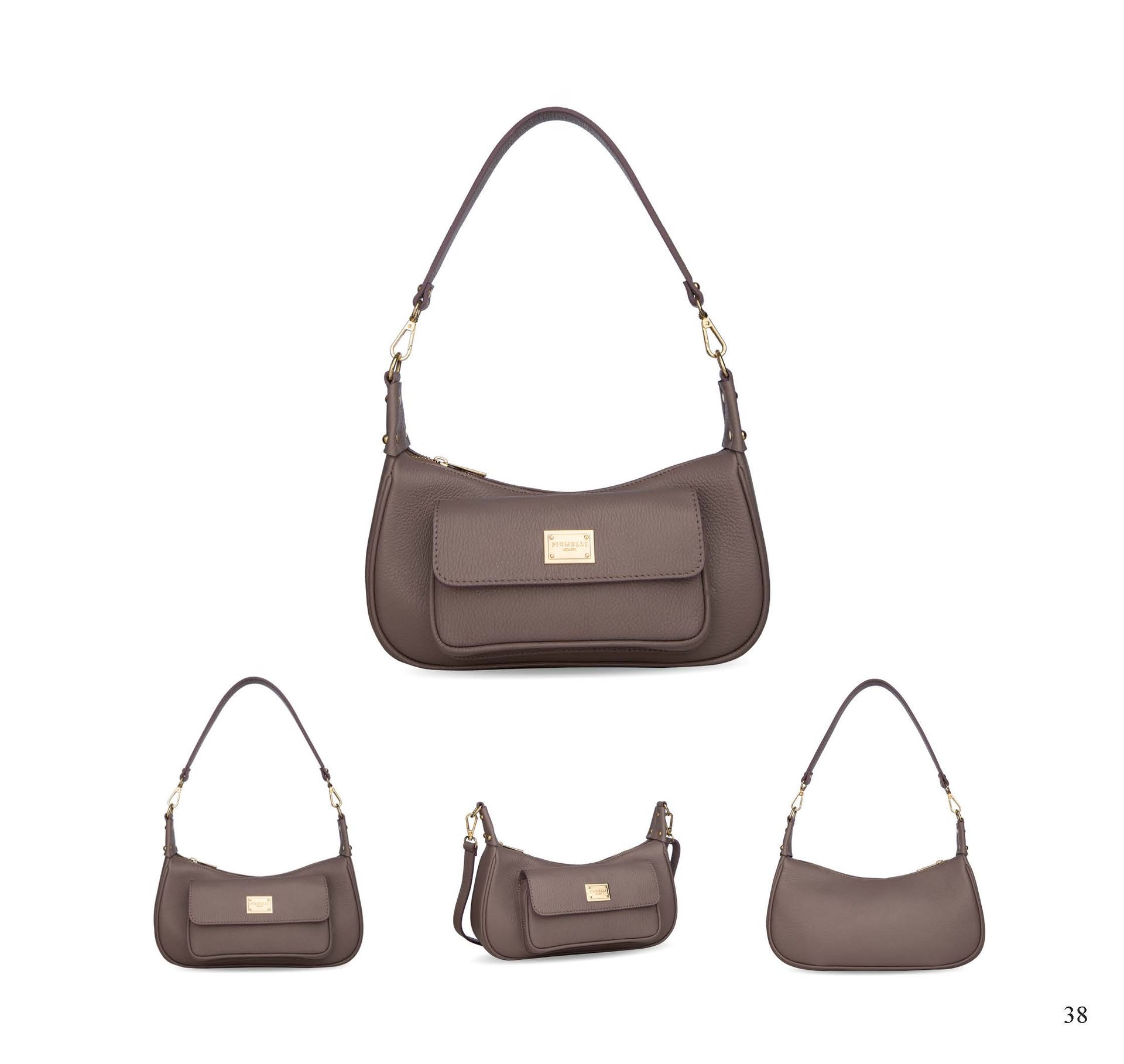 Braune Schultertasche aus Leder mit Vordertasche und goldfarbenen Beschlägen, aus verschiedenen Blickwinkeln.