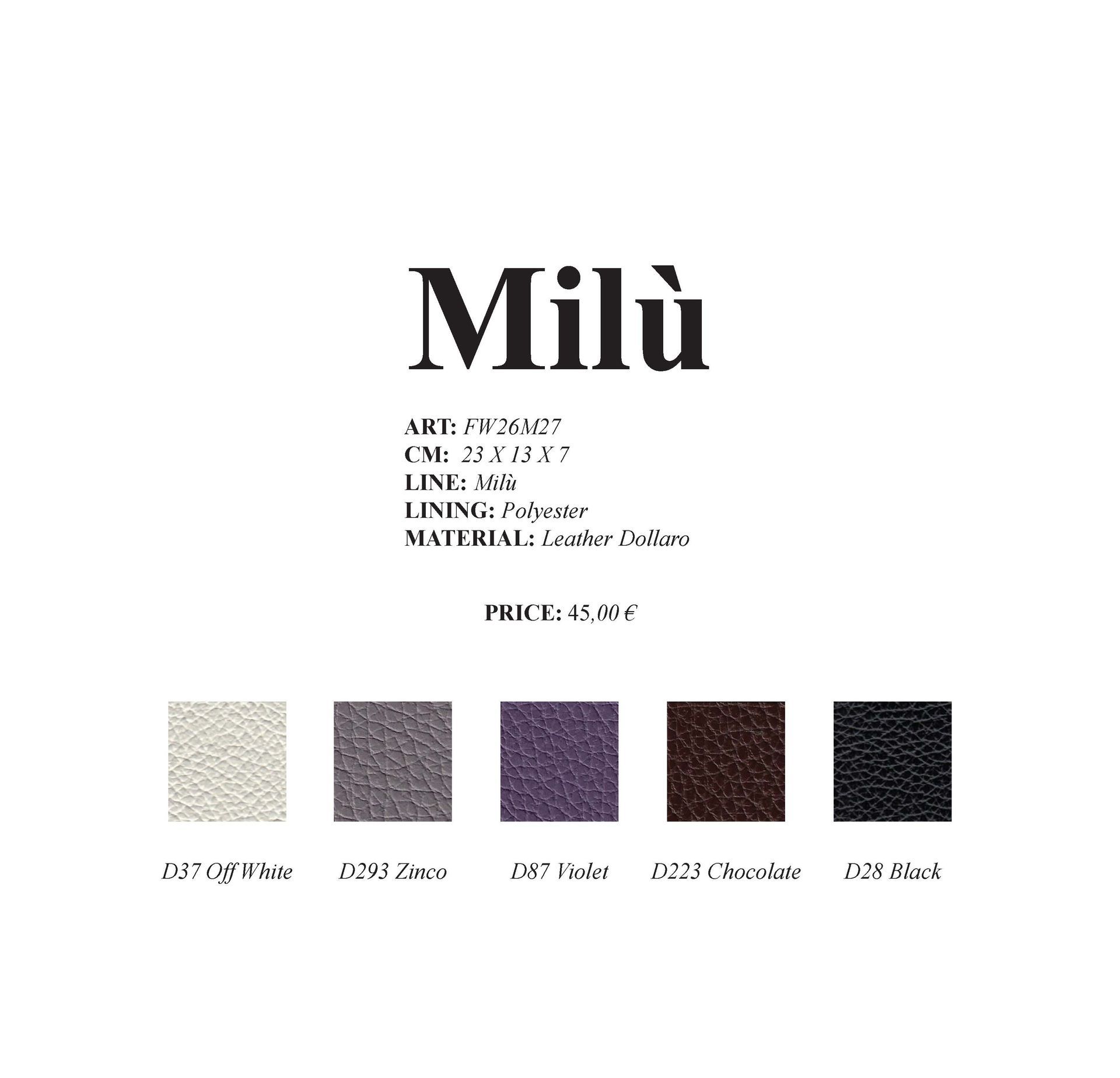 Produktinformationen zu Milù mit Stoffmustern: Hellbeige, Grau, Lila, Braun und Schwarz.