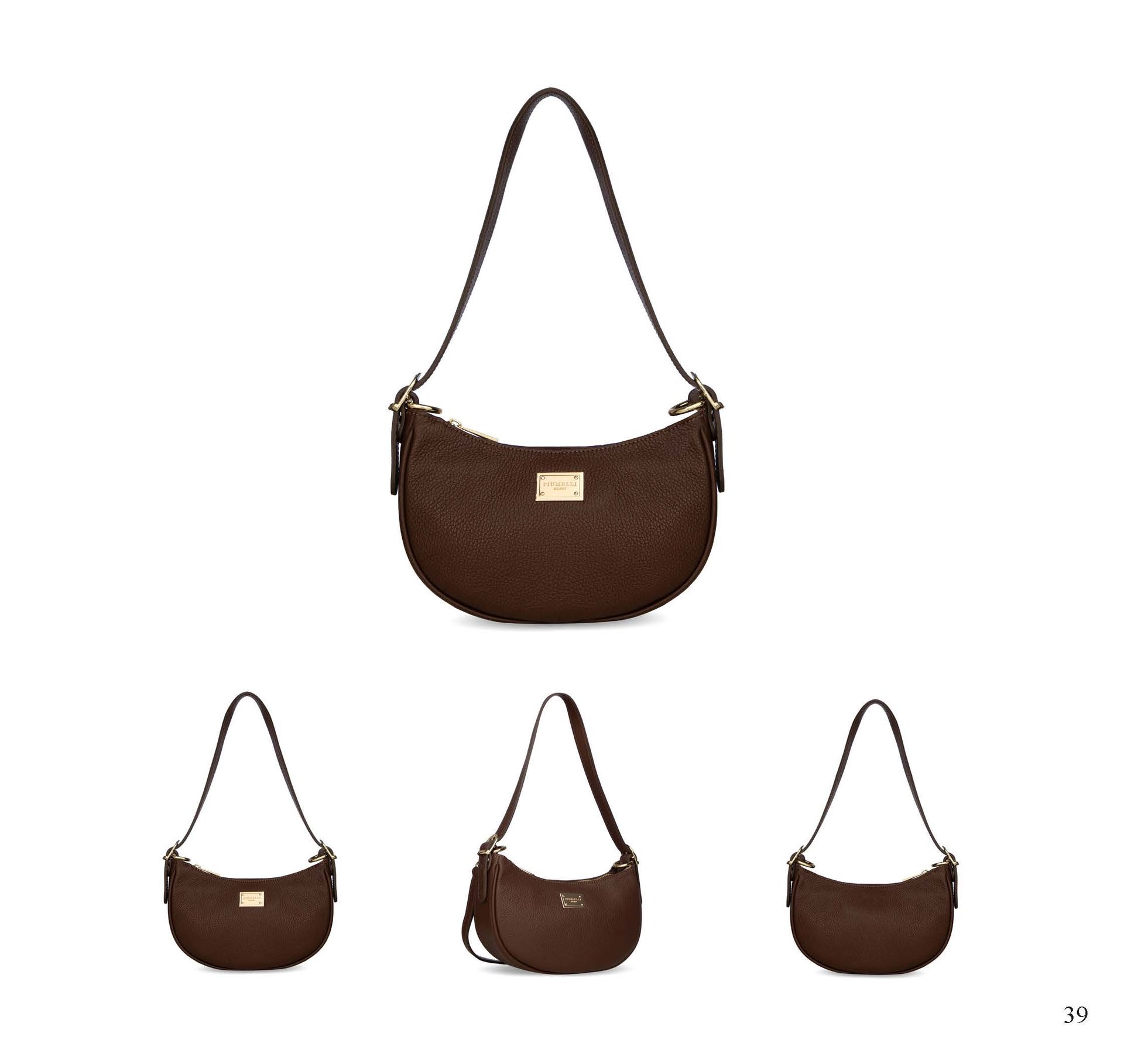 Braune Lederschultertasche in verschiedenen Ansichten, auf weißem Hintergrund.