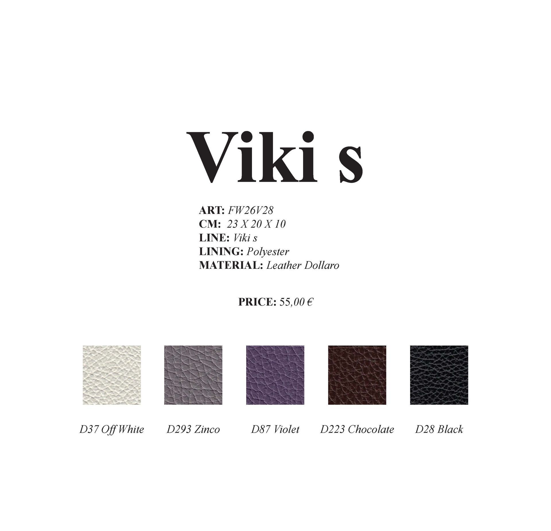 Farbmuster für das Produkt „Viki s“ mit fünf Farboptionen: Hellweiß, Zink, Indigo, Schokolade und Noir.