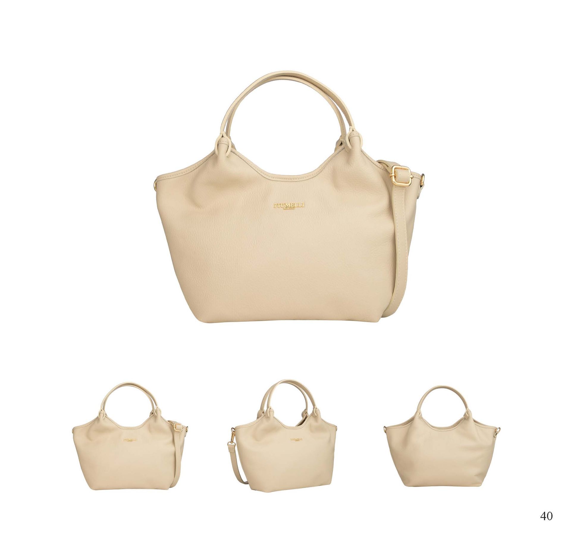 Beige Lederhandtasche mit Tragegriffen und Schulterriemen, mit drei kleineren Ansichten.