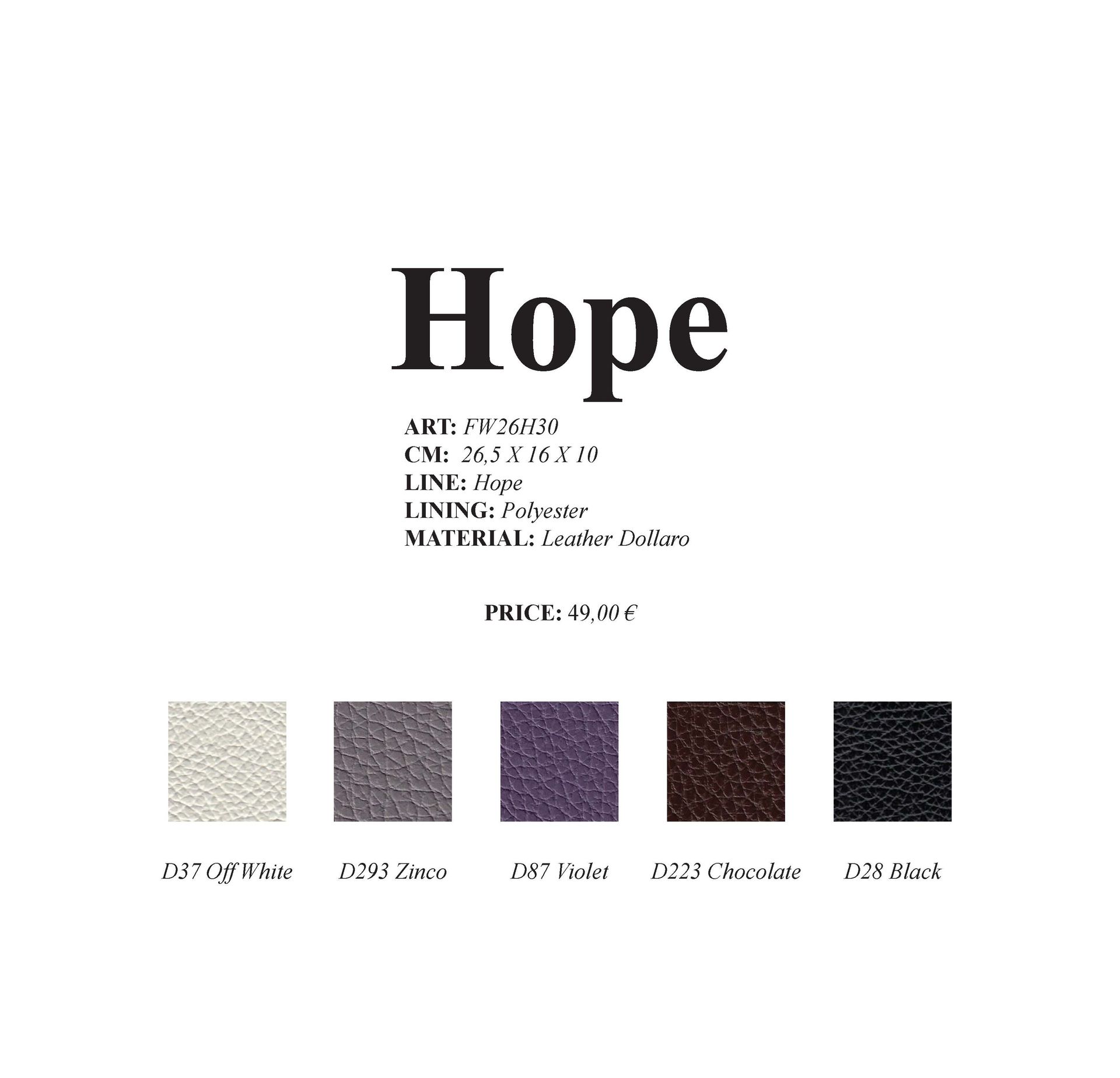 Farbbeispiele für das Produkt „Hope“ mit Titeltext und Spezifikationen.