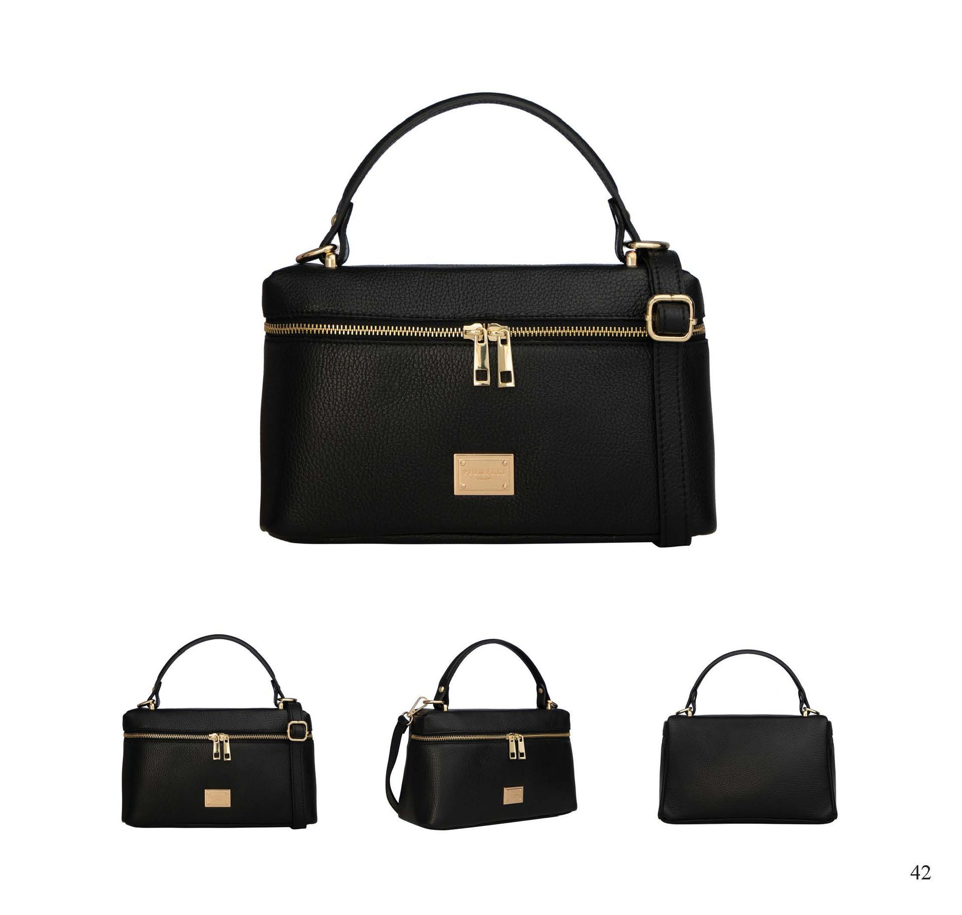 Schwarze Handtasche mit goldfarbenen Reißverschlüssen und Beschlägen, in verschiedenen Ansichten gezeigt.