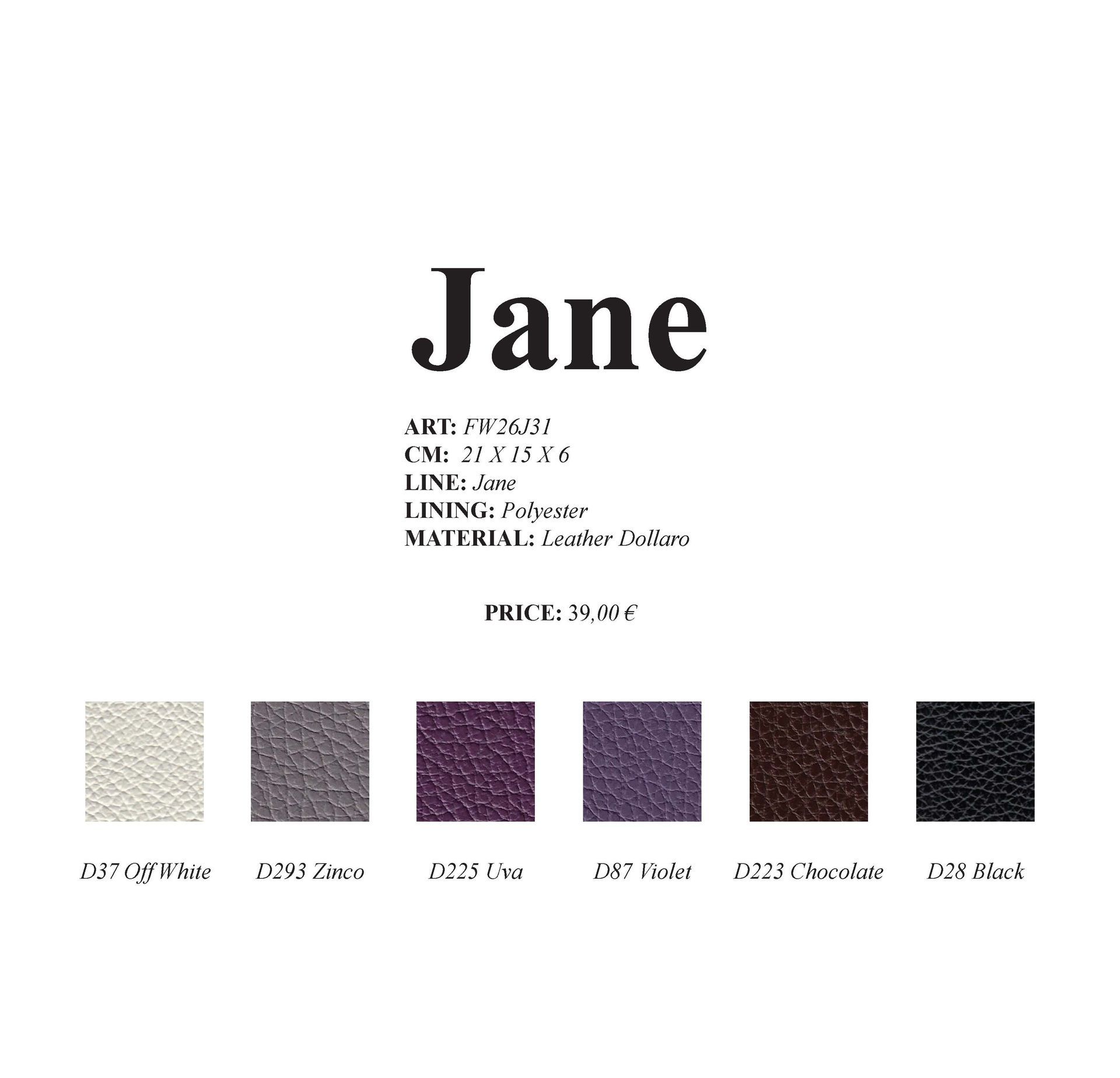 Farbmuster für den Stoff 'Jane': Beige, Grau, Lila, Violett, Braun und Schwarz.