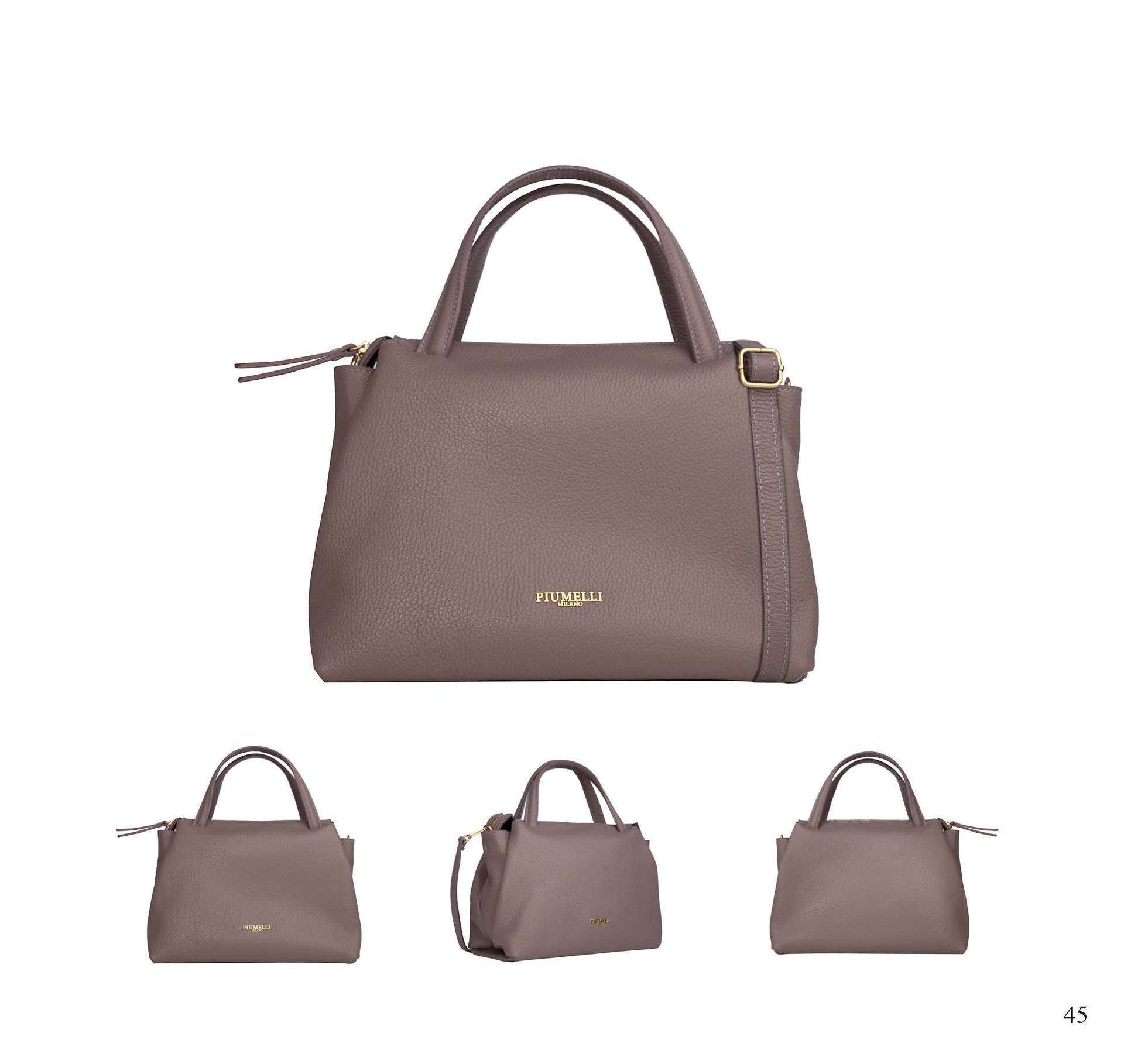 Eine braune Lederhandtasche mit Henkeln und Schulterriemen. Die Tasche wird aus verschiedenen Blickwinkeln gezeigt.
