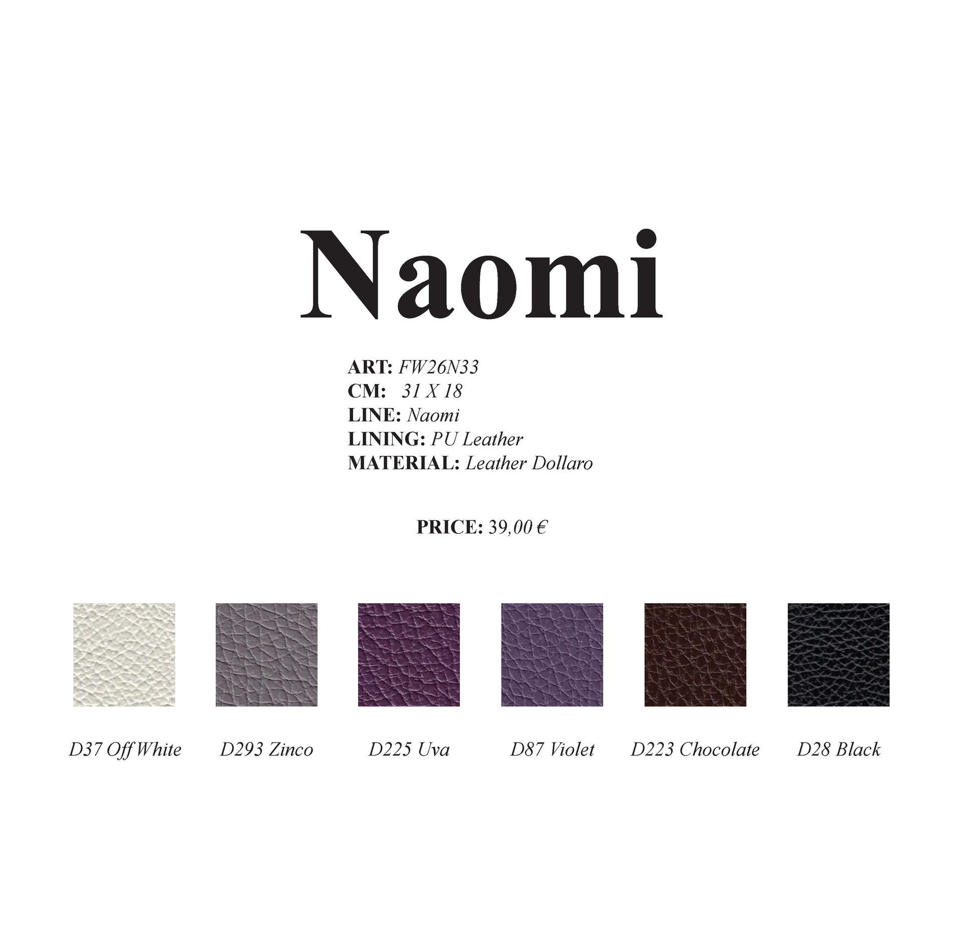 Farbmuster für das Produkt „Naomi“: Elfenbein, Zinn, Onyx, Violett, Schokolade und Schwarz.